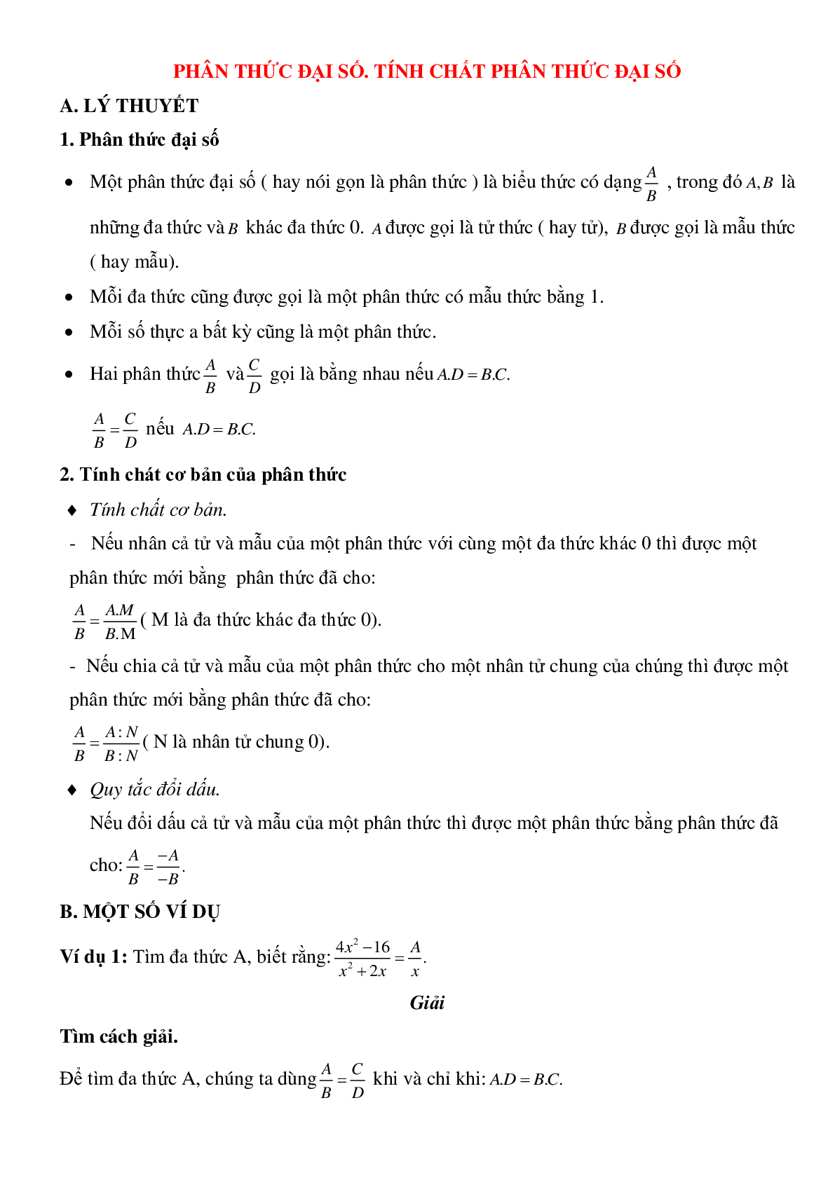 50 Bài tập Phân thức đại số (có đáp án)- Toán 8 (trang 1)