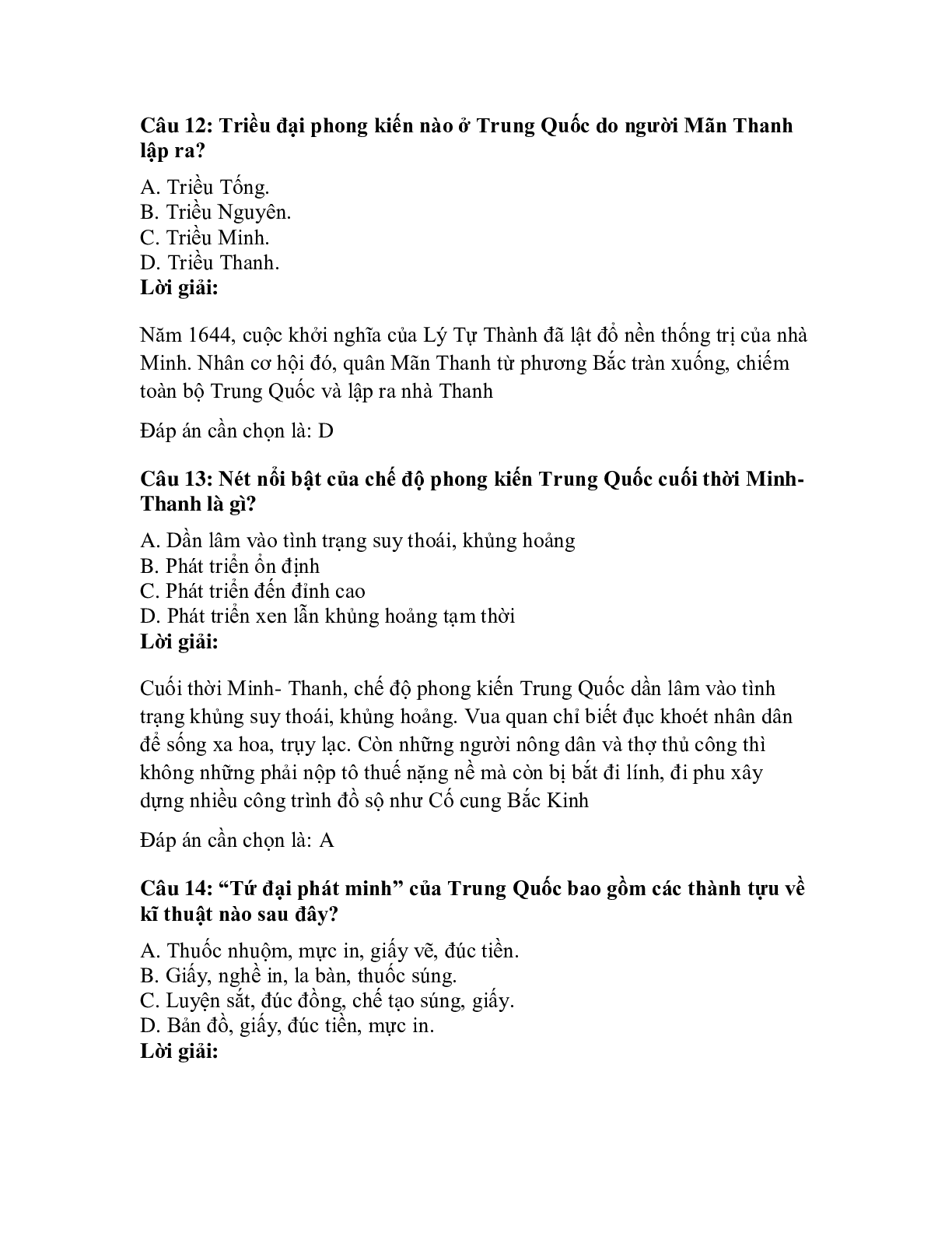 Trắc nghiệm Lịch sử 7 Bài 4 có đáp án: Trung Quốc thời phong kiến (trang 6)