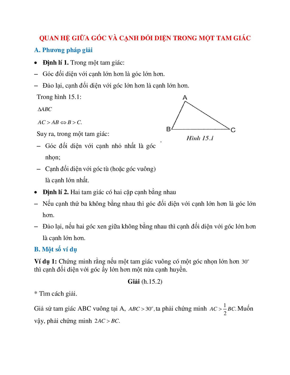 Phương pháp giải bài tập về Quan hệ giữa góc và cạnh đối diện trong một tam giác chọn lọc (trang 1)