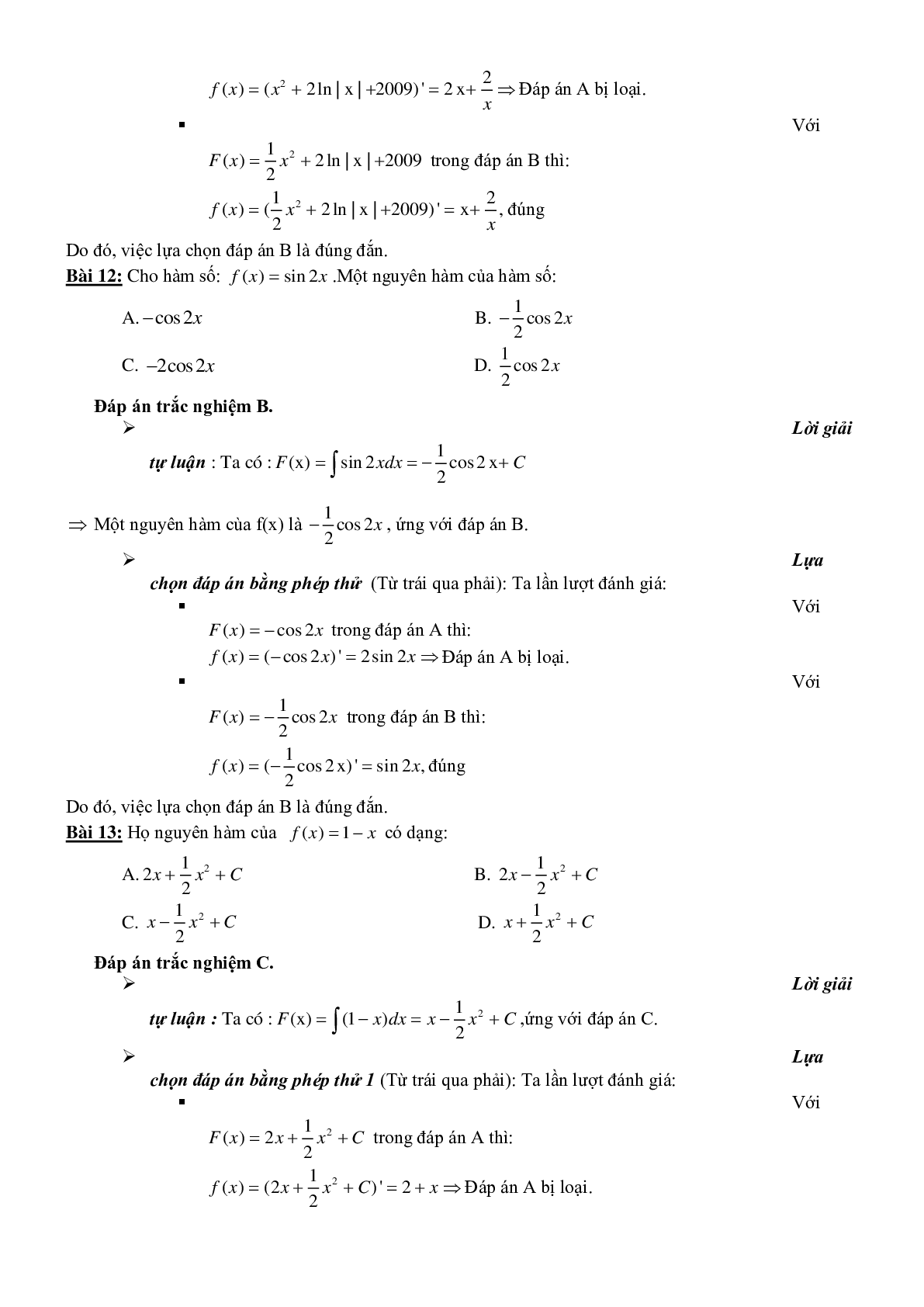 Phương pháp tìm nhanh đáp án trắc nghiệm Nguyên hàm - Tích phân (trang 10)