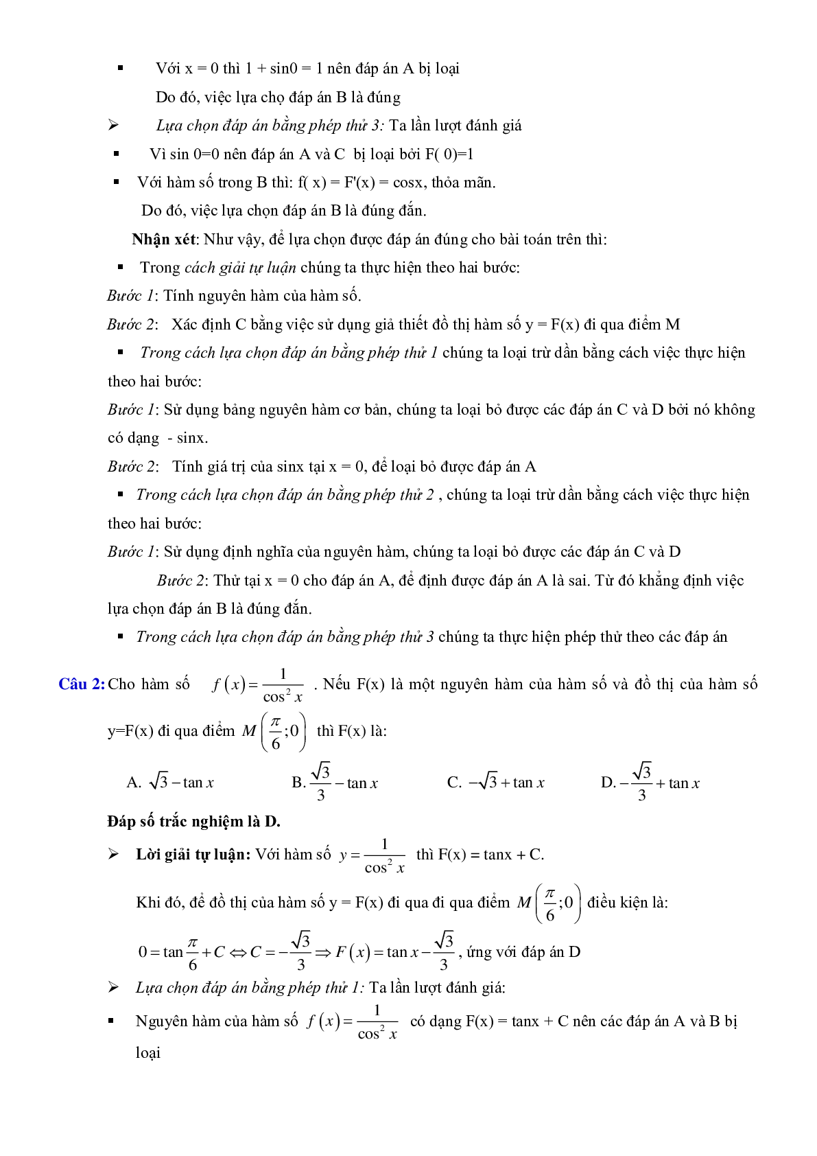 Phương pháp tìm nhanh đáp án trắc nghiệm Nguyên hàm - Tích phân (trang 4)