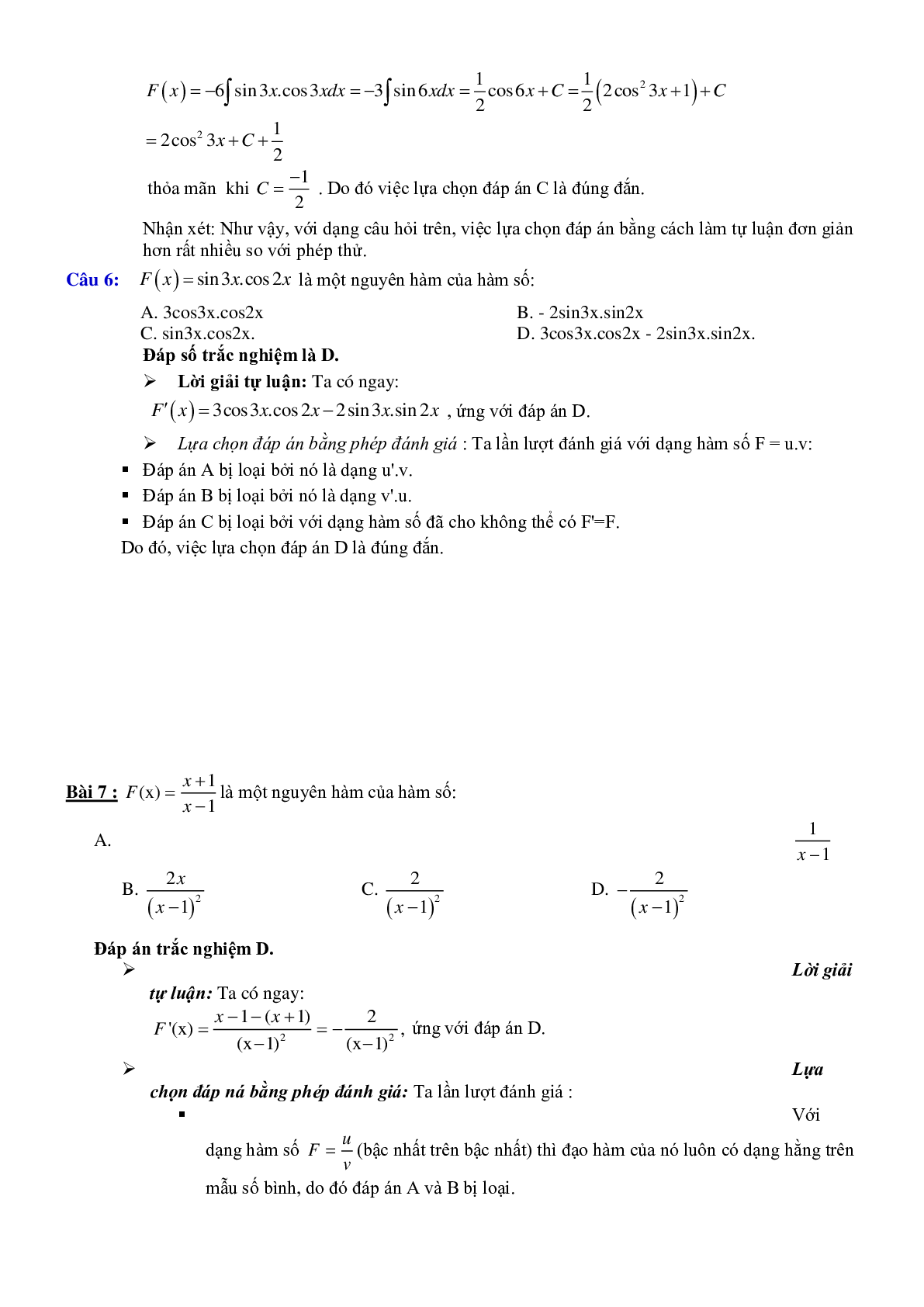 Phương pháp tìm nhanh đáp án trắc nghiệm Nguyên hàm - Tích phân (trang 7)