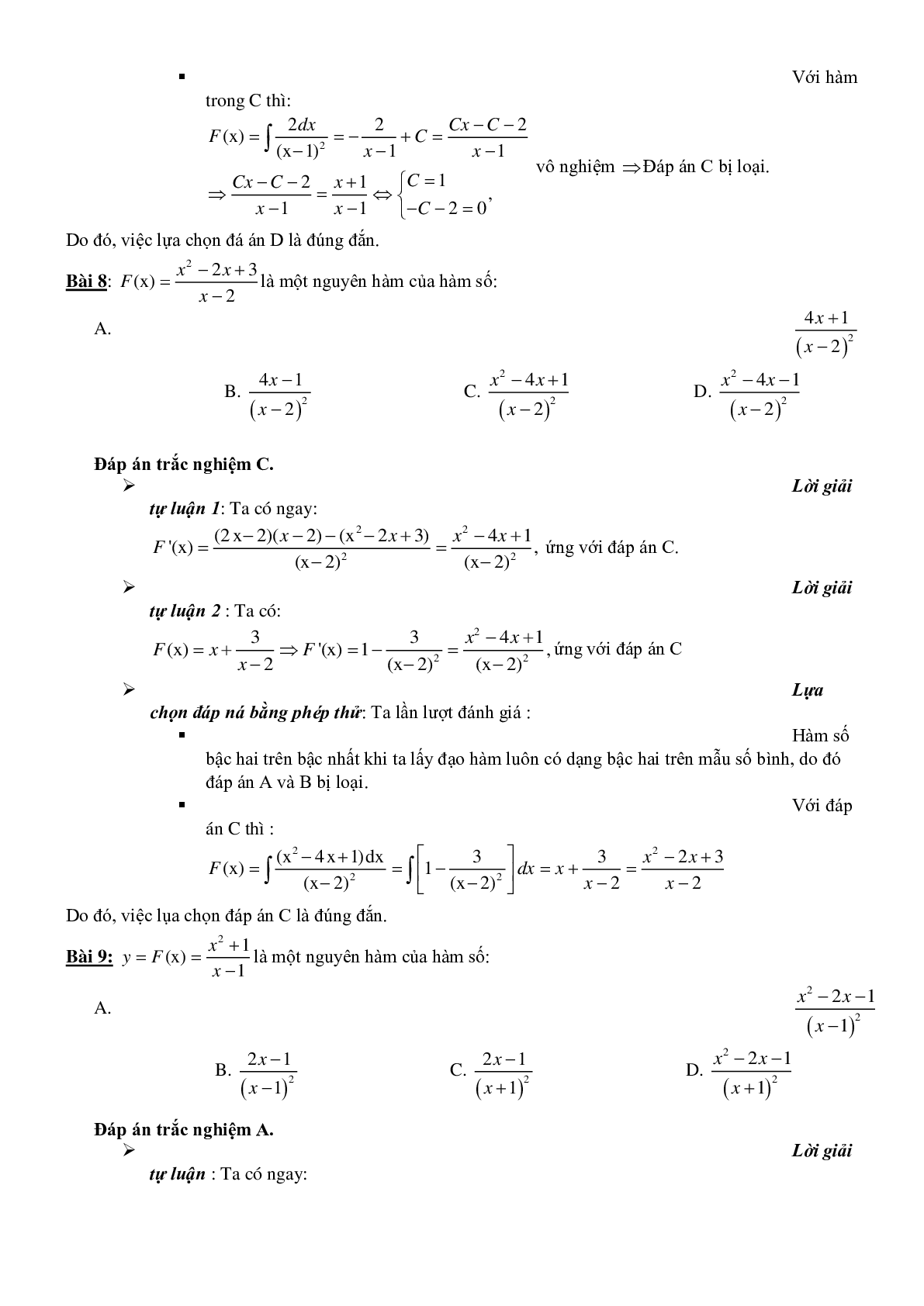 Phương pháp tìm nhanh đáp án trắc nghiệm Nguyên hàm - Tích phân (trang 8)