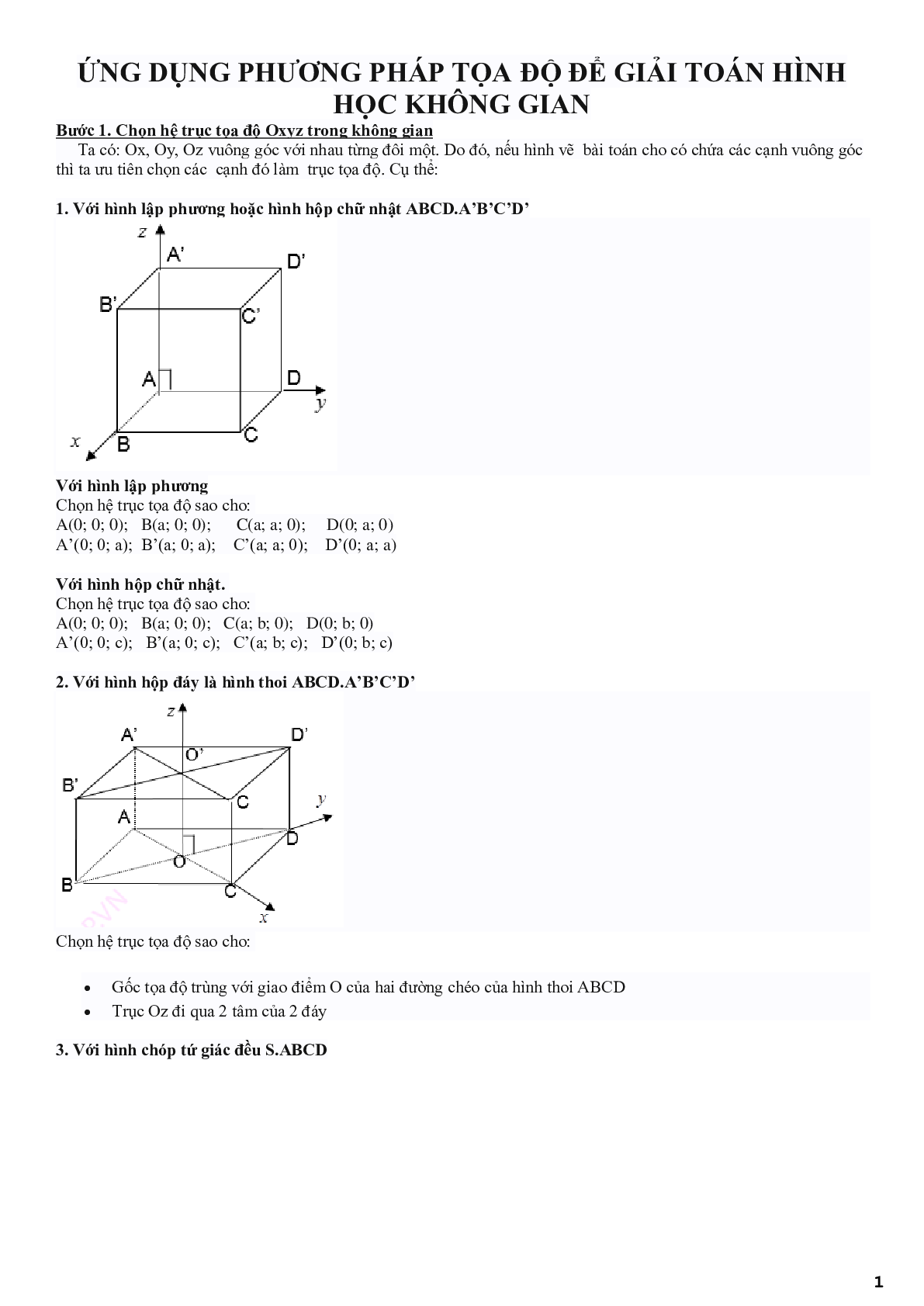 Ứng dụng phương pháp tọa độ để giải các bài toán hình học không gian (trang 1)