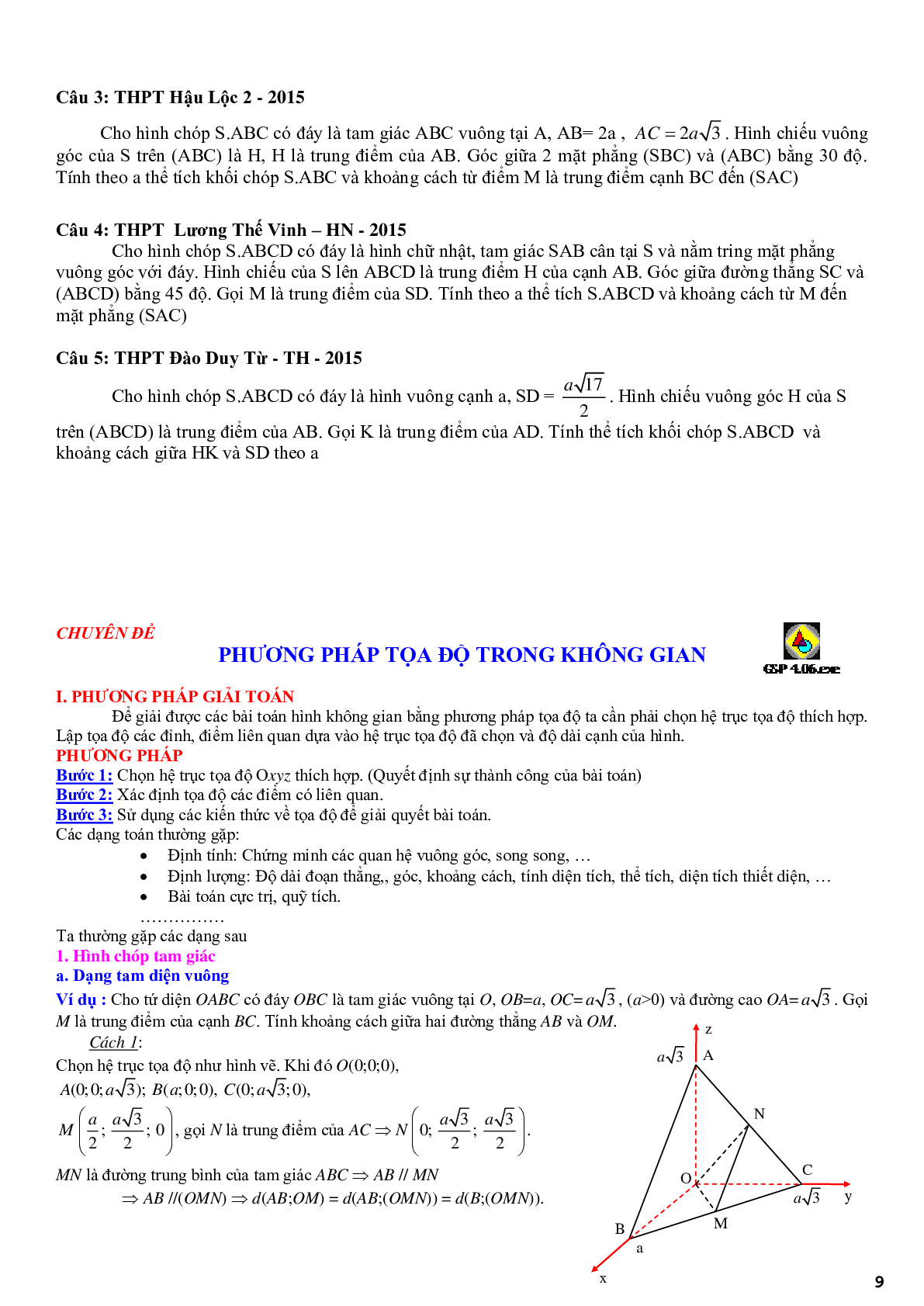 Ứng dụng phương pháp tọa độ để giải các bài toán hình học không gian (trang 9)