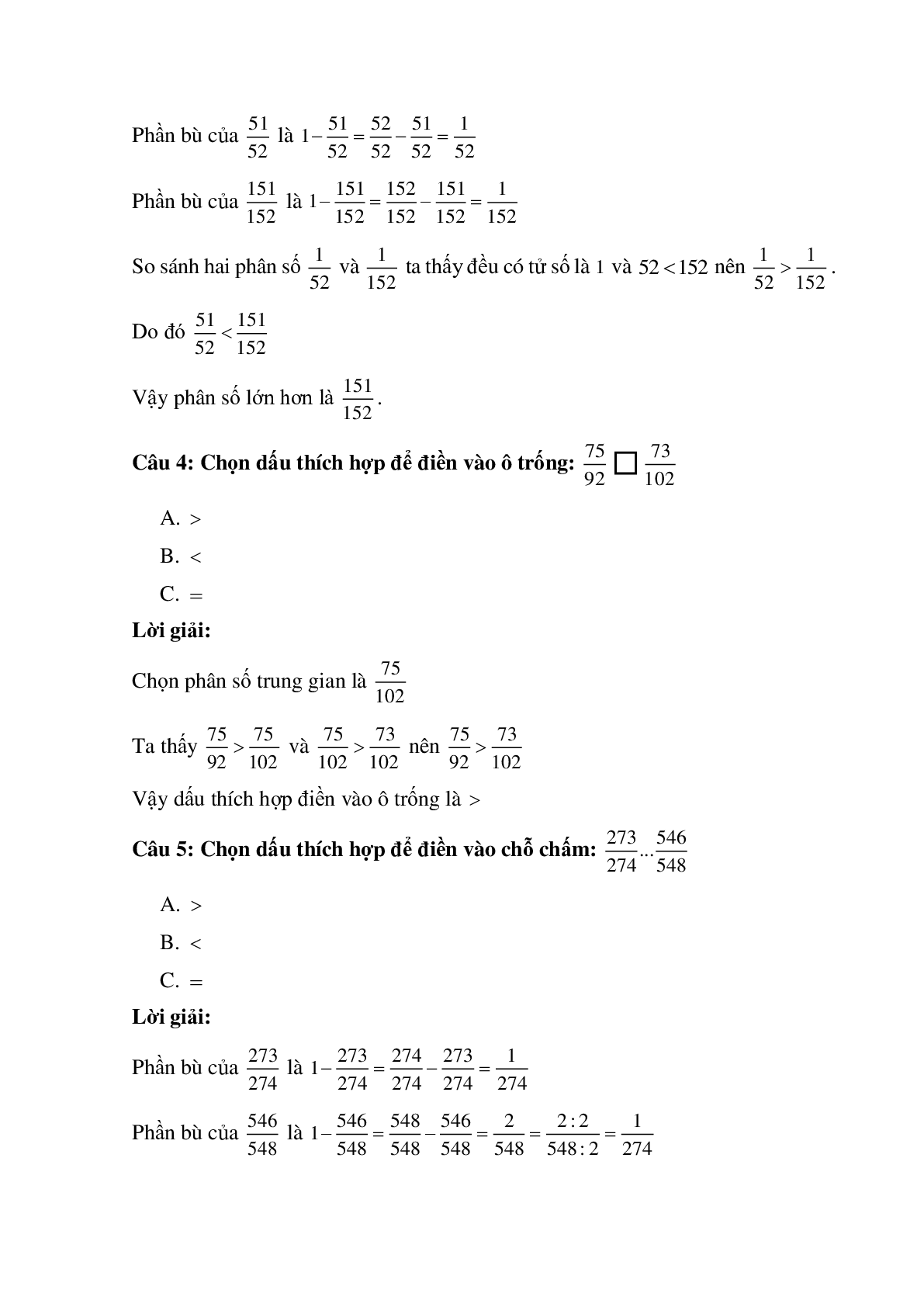 10 câu Trắc nghiệm Ôn tập so sánh hai phân số (tiếp) có đáp án 2023 – Toán lớp 5 (trang 2)