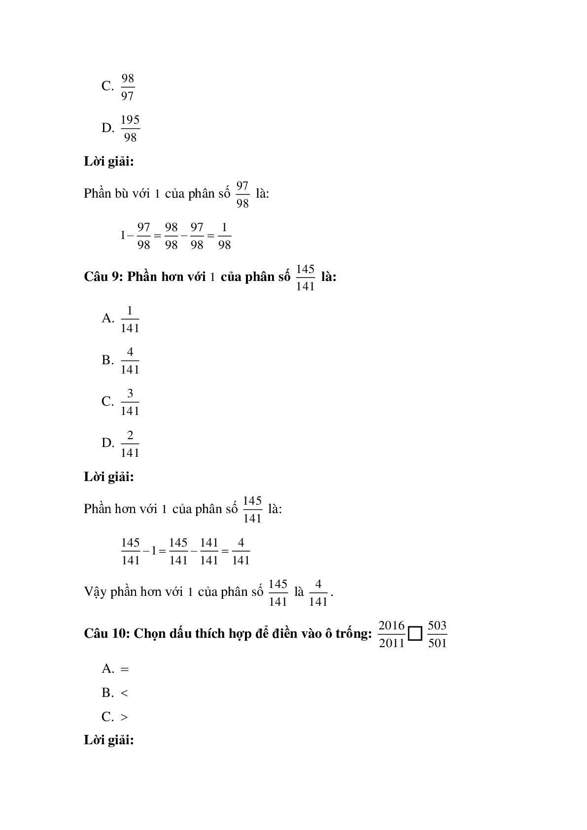 10 câu Trắc nghiệm Ôn tập so sánh hai phân số (tiếp) có đáp án 2023 – Toán lớp 5 (trang 4)