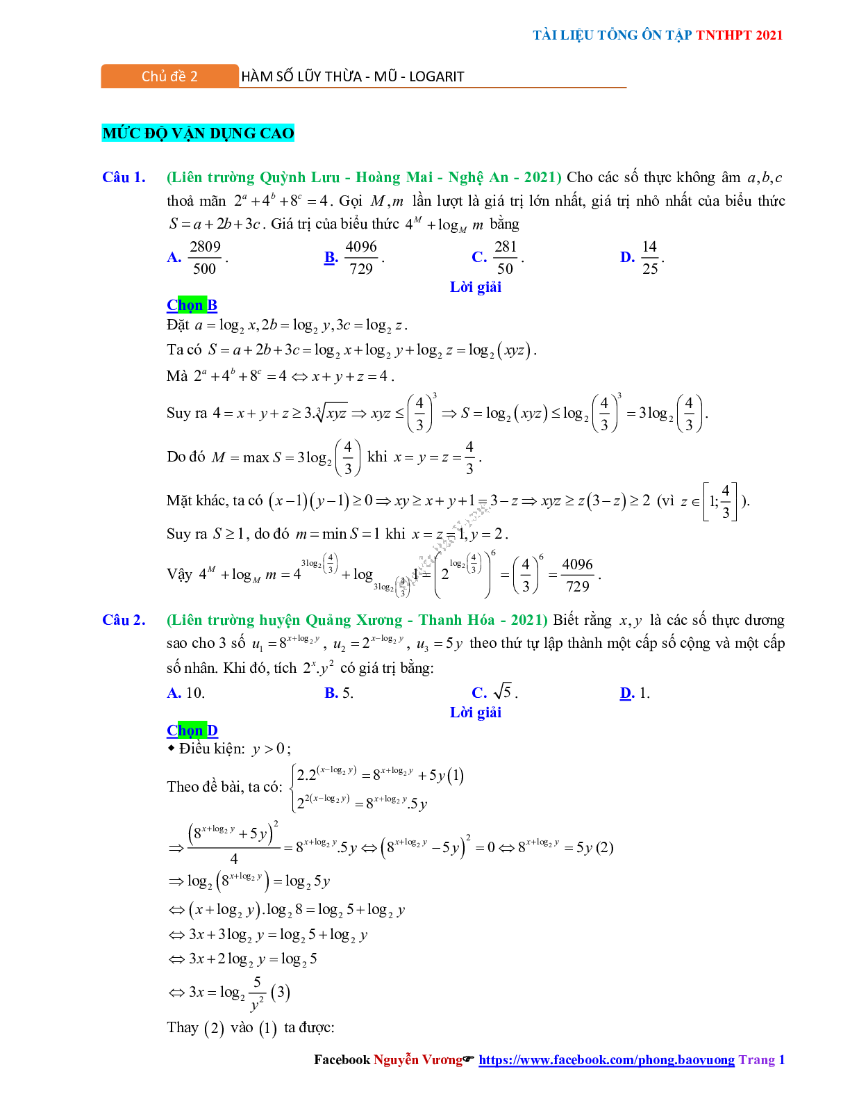 Trắc nghiệm Ôn thi THPT QG Toán 12: Đáp án mũ - lũy thừa - logarit mức độ vận dụng cao (trang 1)