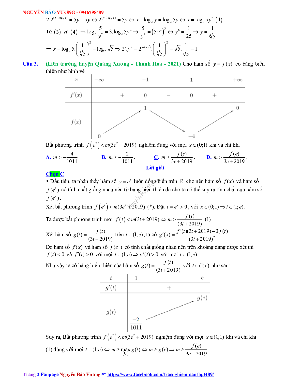 Trắc nghiệm Ôn thi THPT QG Toán 12: Đáp án mũ - lũy thừa - logarit mức độ vận dụng cao (trang 2)