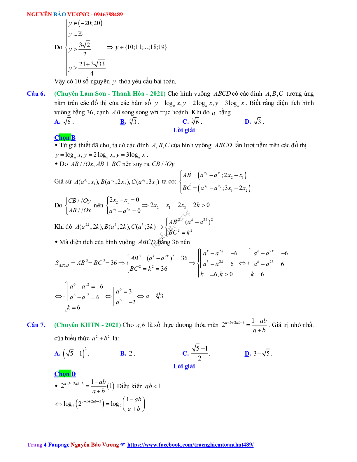 Trắc nghiệm Ôn thi THPT QG Toán 12: Đáp án mũ - lũy thừa - logarit mức độ vận dụng cao (trang 4)