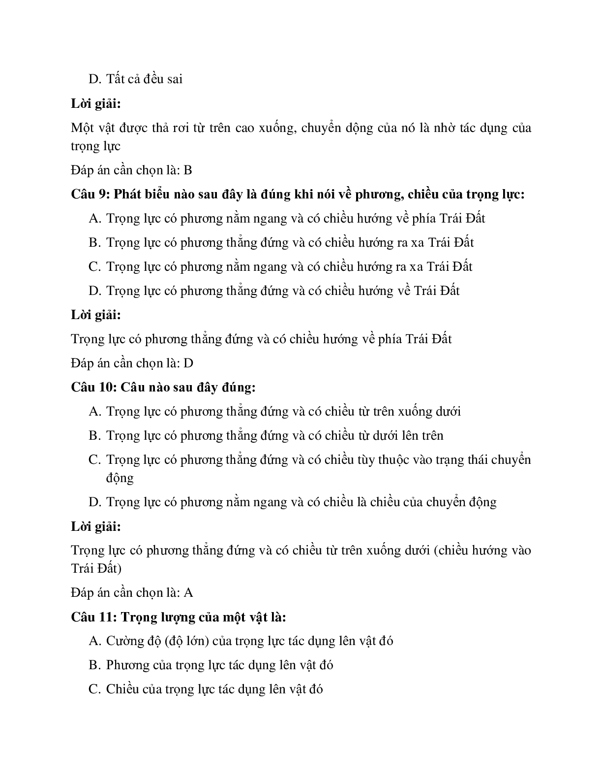 Trắc nghiệm Vật lý 6 Bài 8 có đáp án: Bài tập Trọng lực - Đơn vị của trọng lực (trang 4)