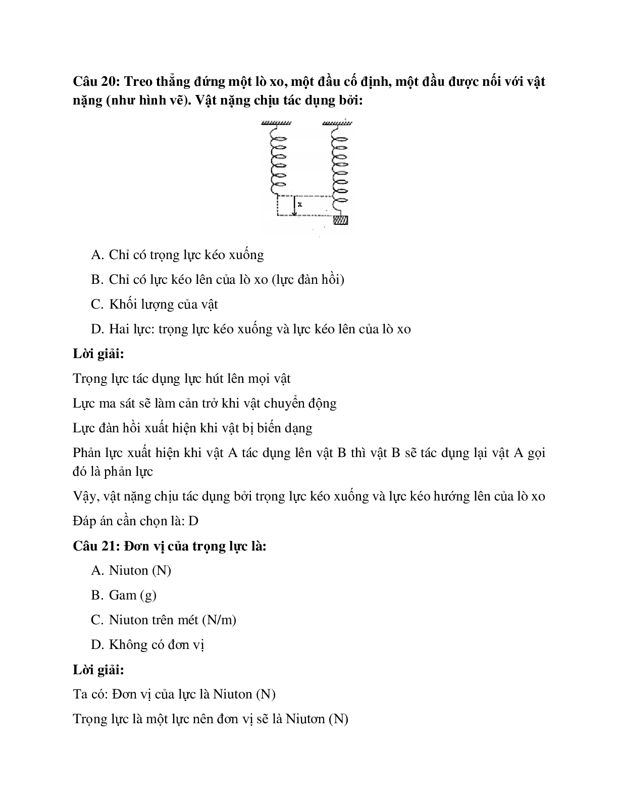 Trắc nghiệm Vật lý 6 Bài 8 có đáp án: Bài tập Trọng lực - Đơn vị của trọng lực (trang 8)