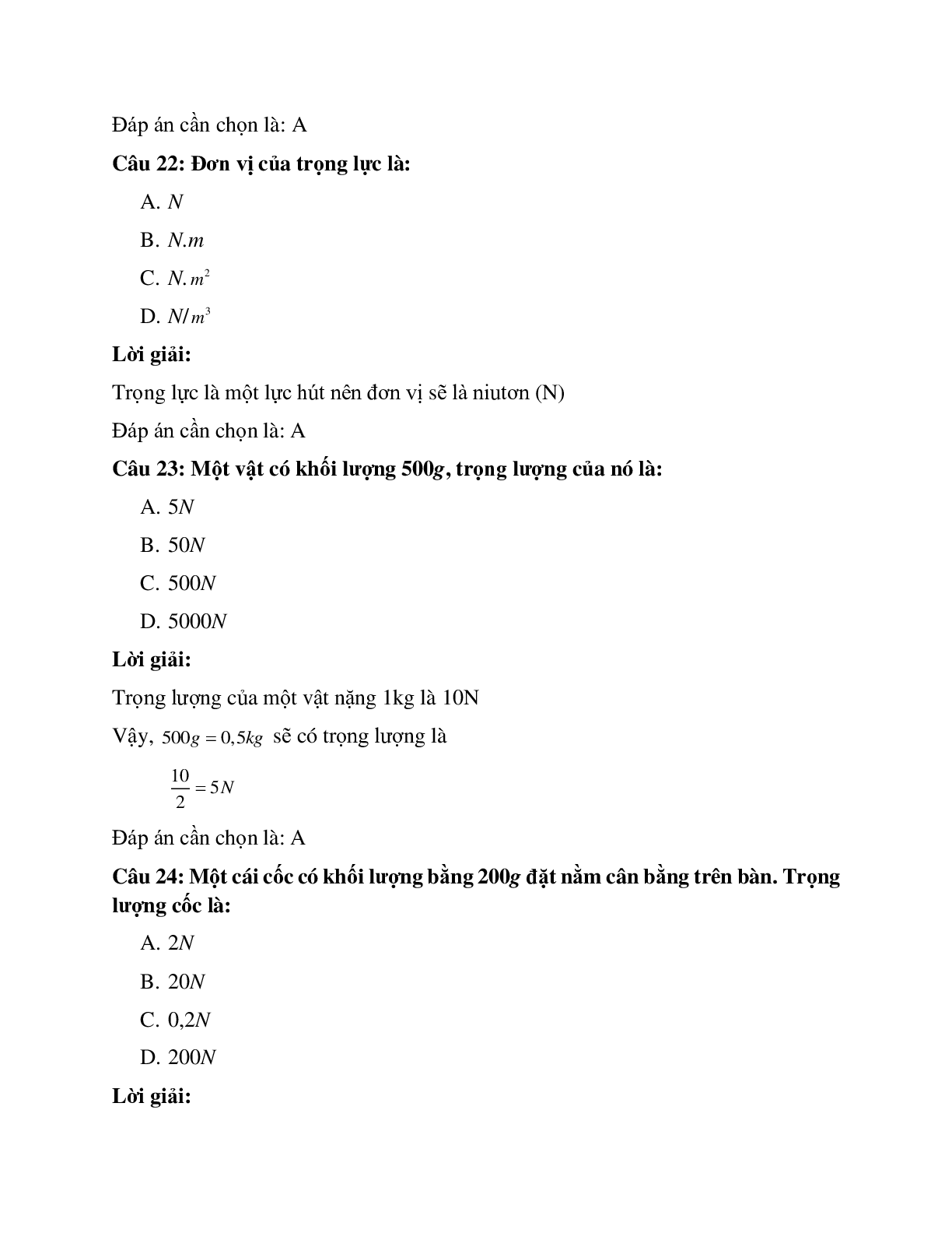 Trắc nghiệm Vật lý 6 Bài 8 có đáp án: Bài tập Trọng lực - Đơn vị của trọng lực (trang 9)