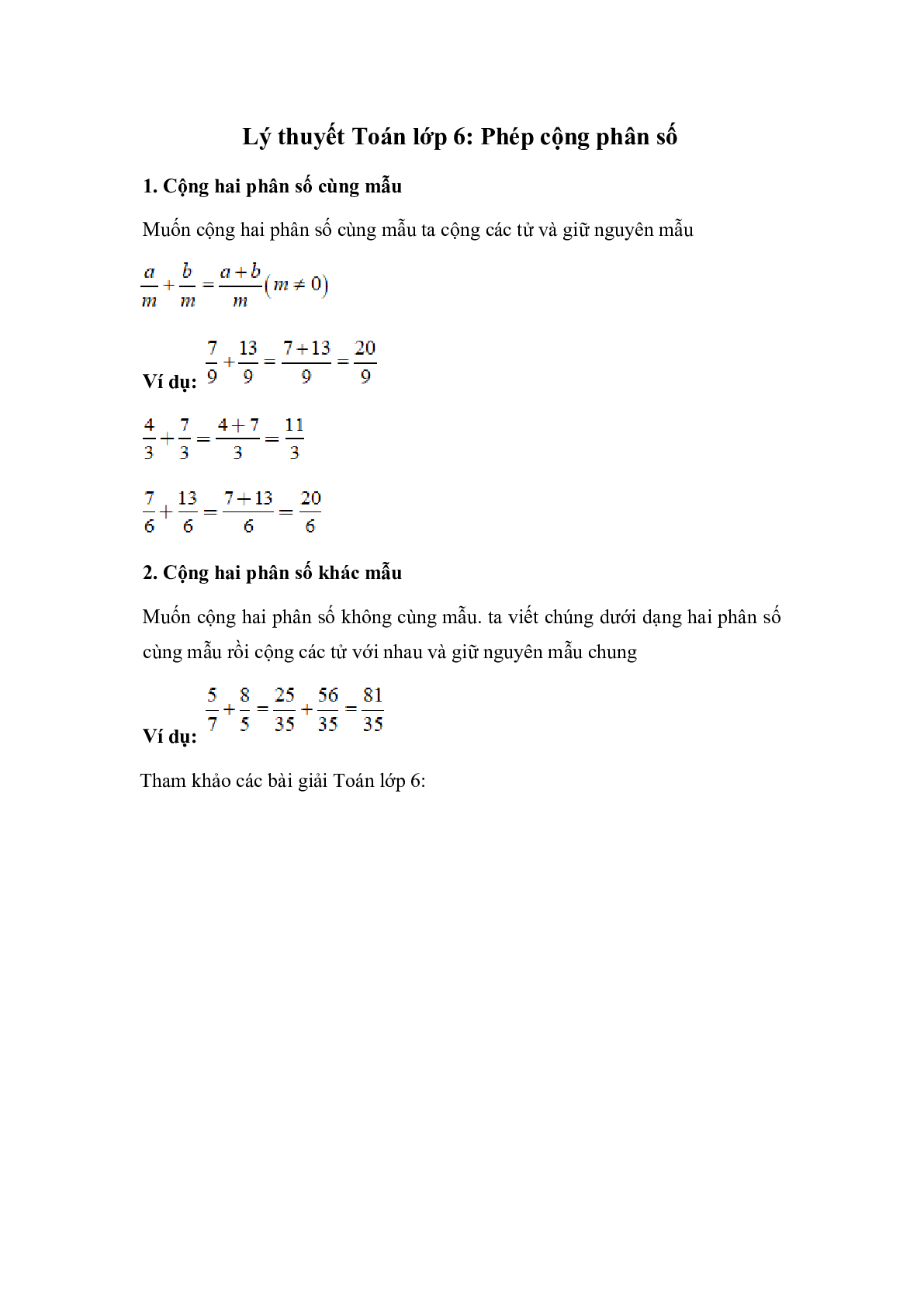 Lý thuyết Toán lớp 6: Phép cộng phân số (trang 1)