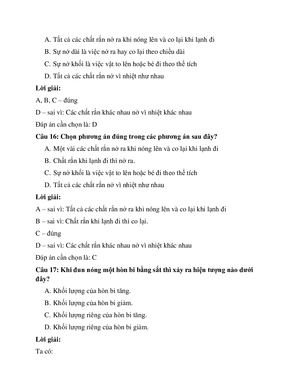 Trắc nghiệm Vật lý 6 Bài 18 có đáp án: Sự nở vì nhiệt của chất rắn (trang 7)