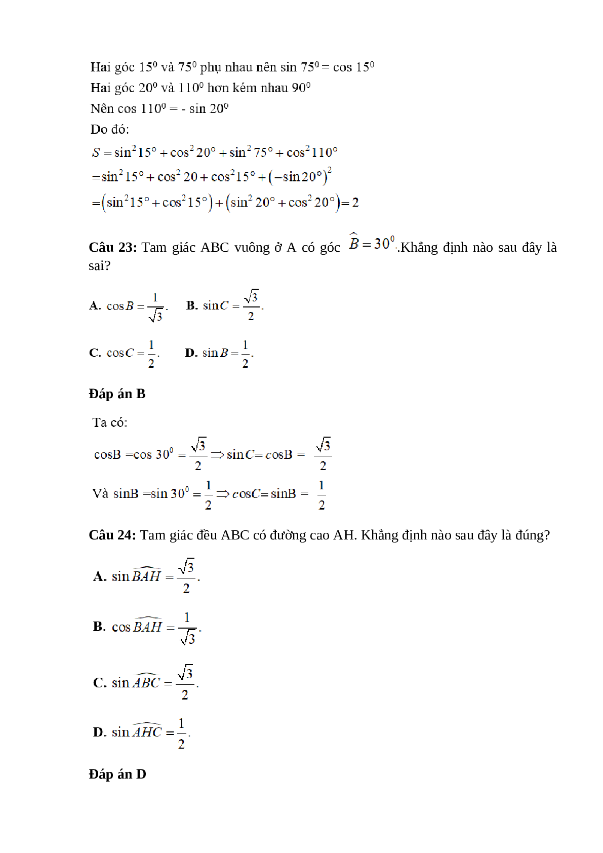 Trắc nghiệm Giá trị lượng giác của một góc bất kì từ 0 đến 180 (phần 2) có đáp án – Toán lớp 10 (trang 4)