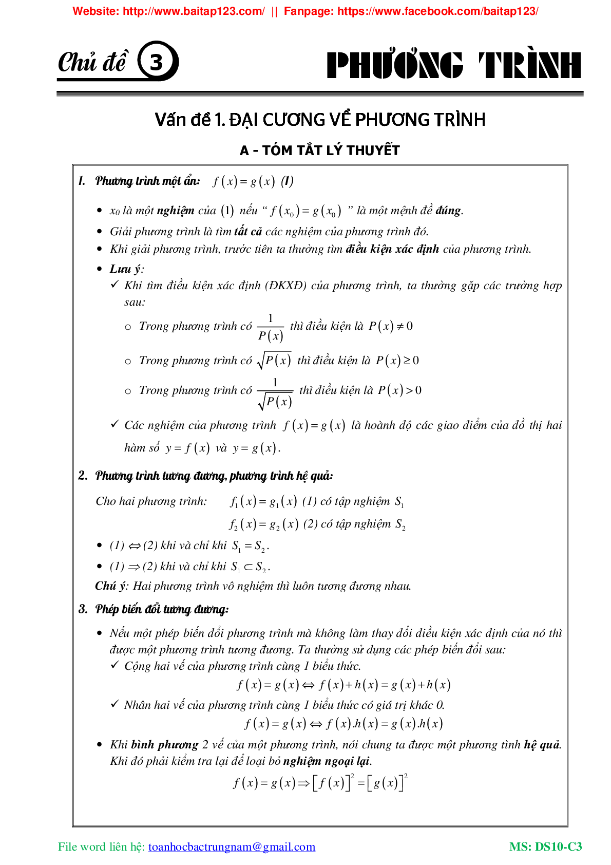 Các dạng toán phương trình và hệ phương trình môn Toán lớp 10 (trang 2)