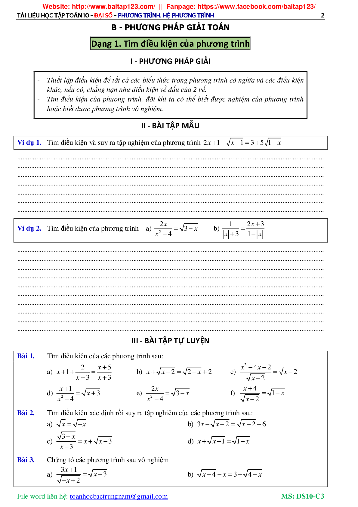 Các dạng toán phương trình và hệ phương trình môn Toán lớp 10 (trang 3)