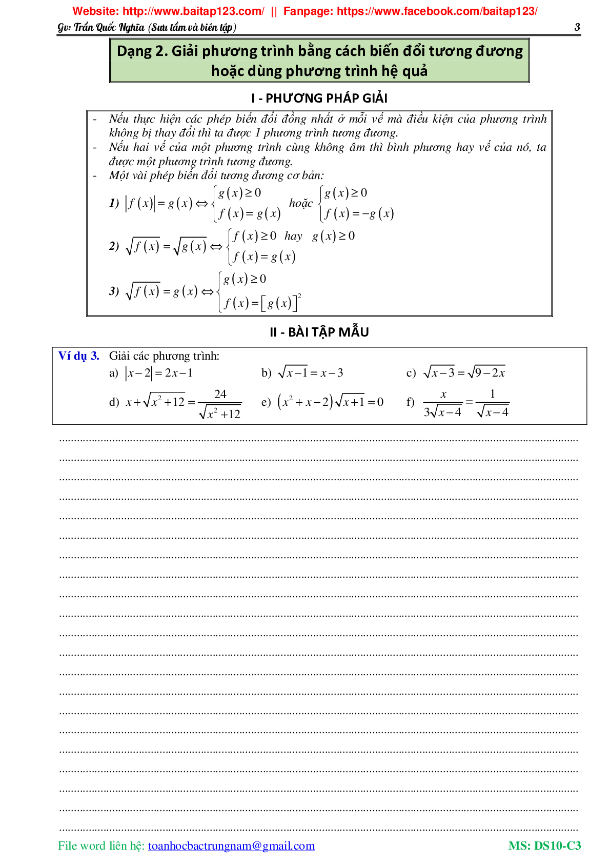 Các dạng toán phương trình và hệ phương trình môn Toán lớp 10 (trang 4)