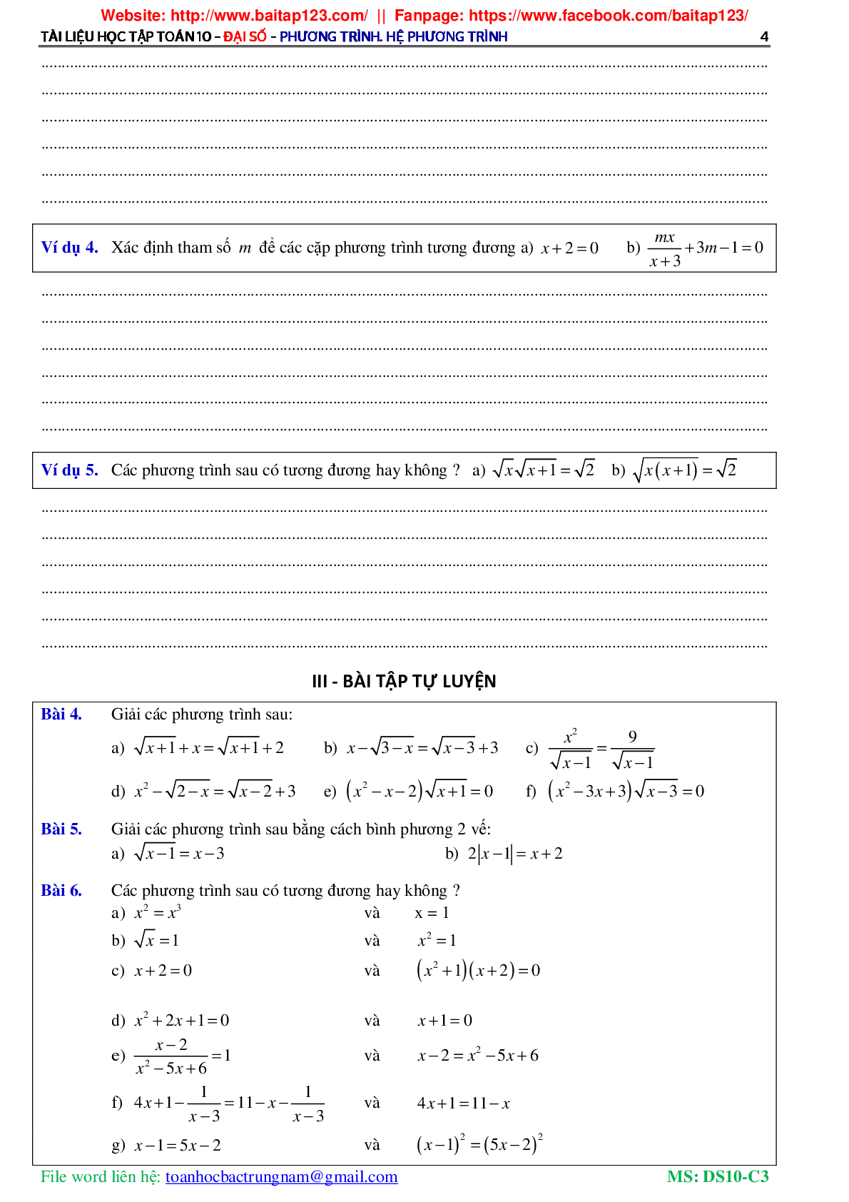 Các dạng toán phương trình và hệ phương trình môn Toán lớp 10 (trang 5)