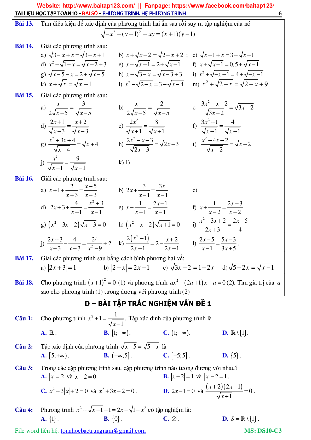 Các dạng toán phương trình và hệ phương trình môn Toán lớp 10 (trang 7)