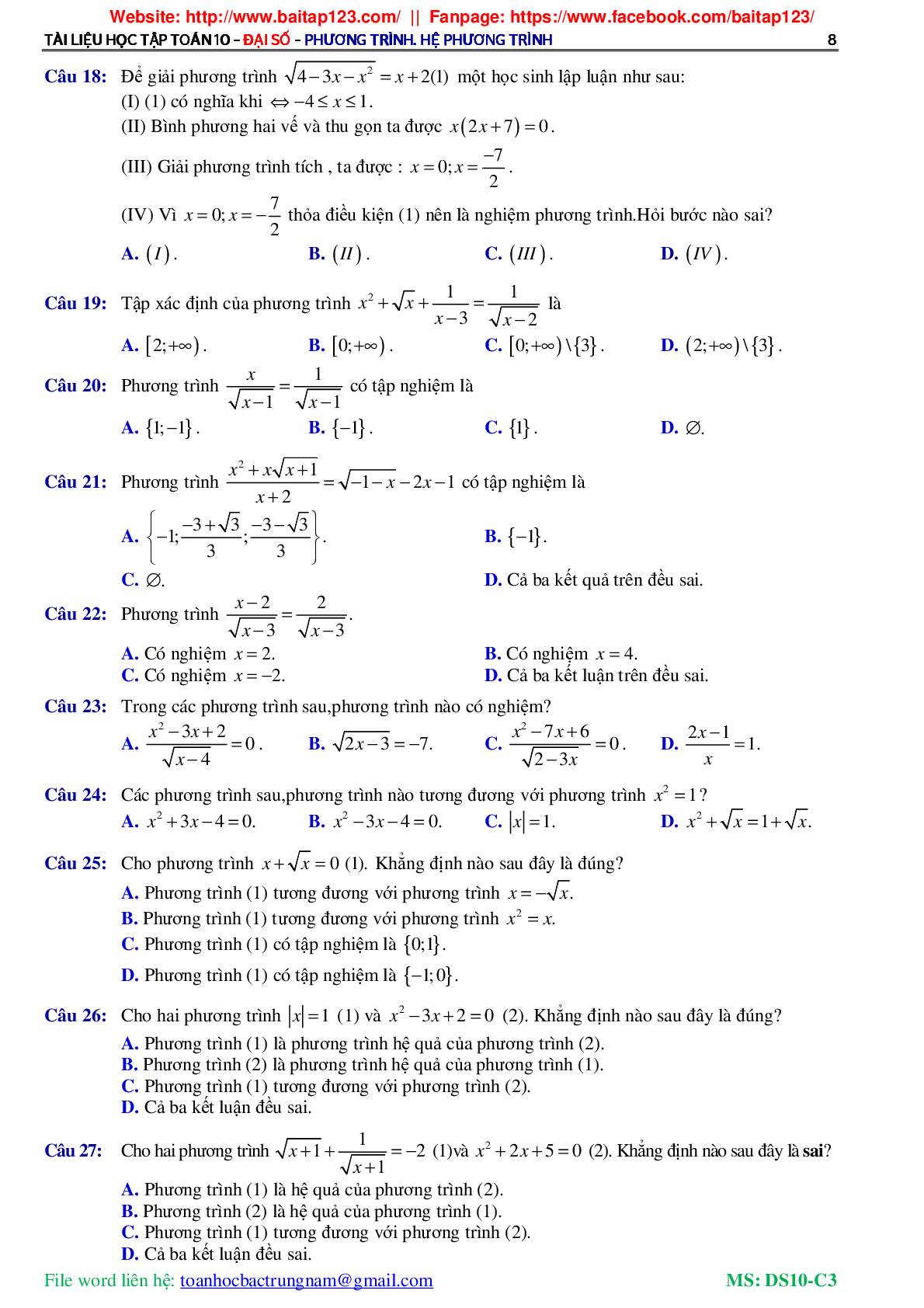 Các dạng toán phương trình và hệ phương trình môn Toán lớp 10 (trang 9)