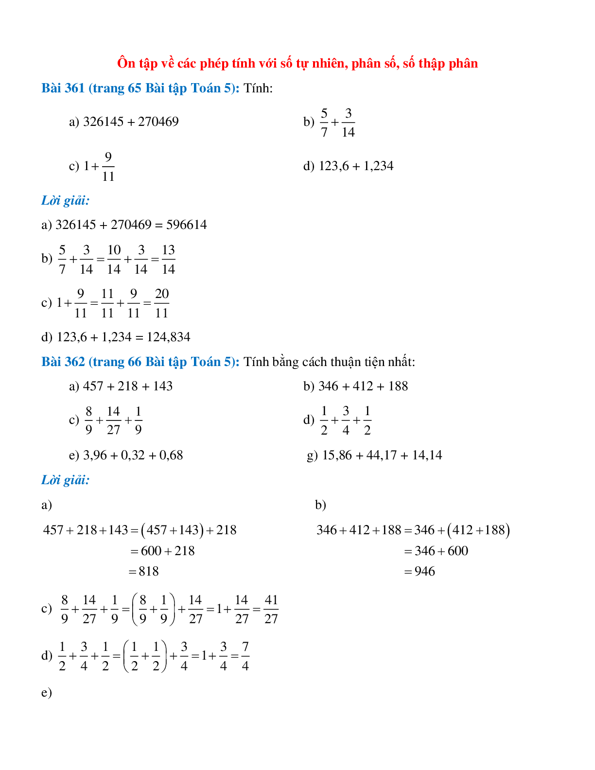 SBT Toán lớp 5 trang 65, 66, 67, 68, 69, 70 Ôn tập về các phép tính với số tự nhiên, phân số, số thập phân (trang 1)