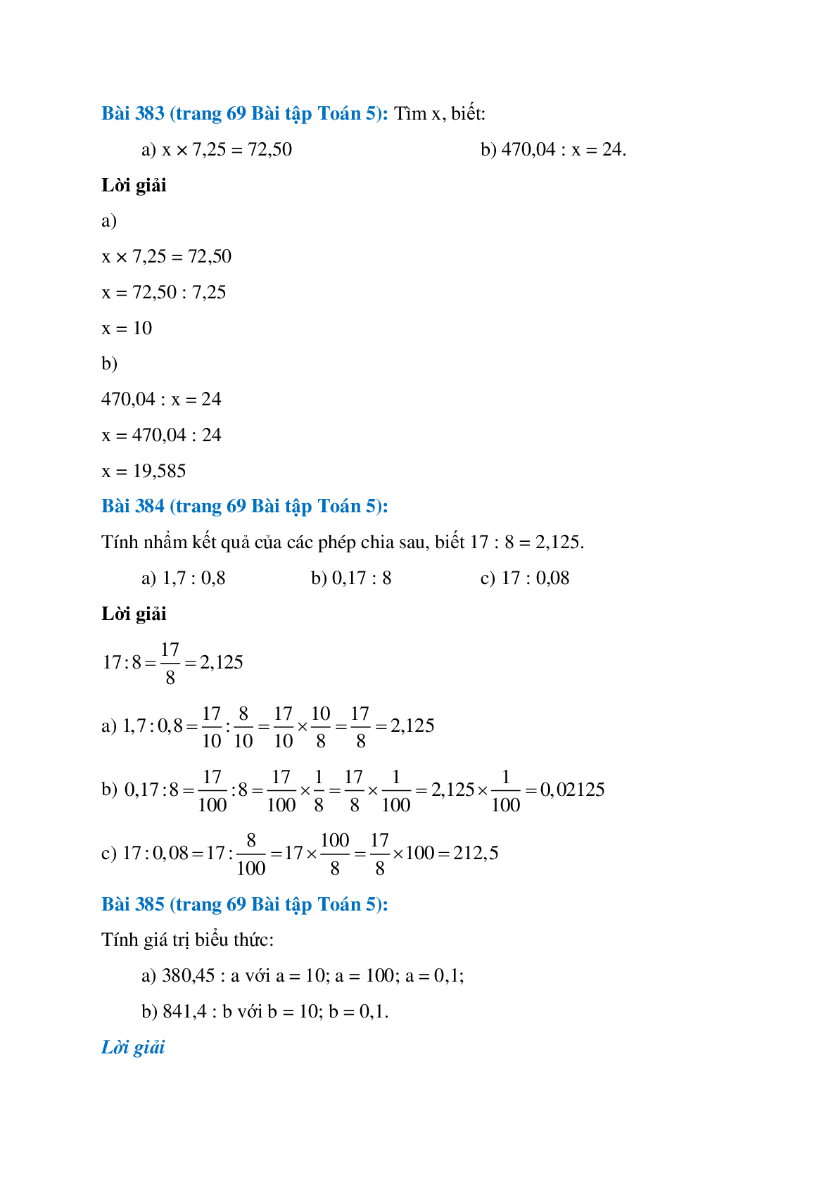 SBT Toán lớp 5 trang 65, 66, 67, 68, 69, 70 Ôn tập về các phép tính với số tự nhiên, phân số, số thập phân (trang 10)