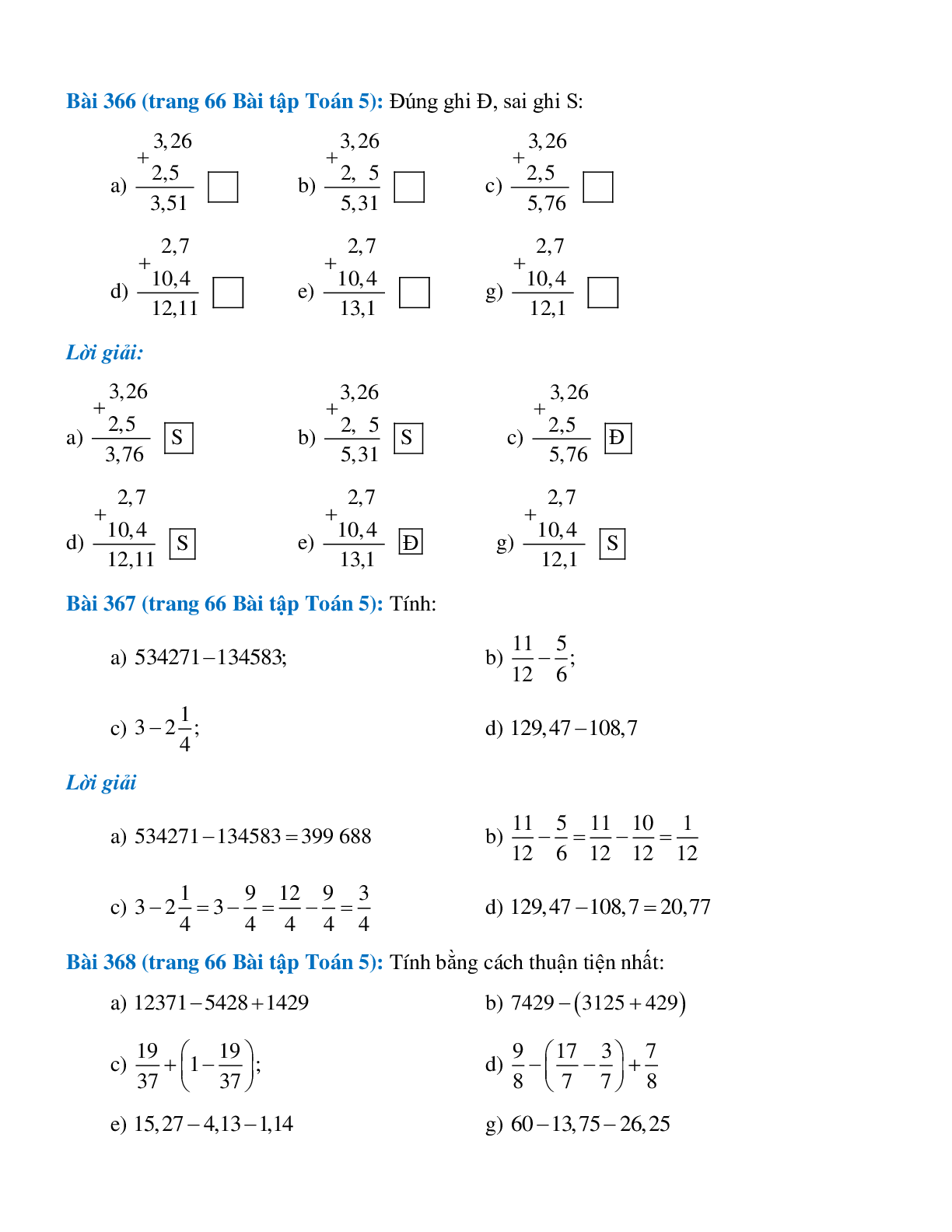 SBT Toán lớp 5 trang 65, 66, 67, 68, 69, 70 Ôn tập về các phép tính với số tự nhiên, phân số, số thập phân (trang 3)