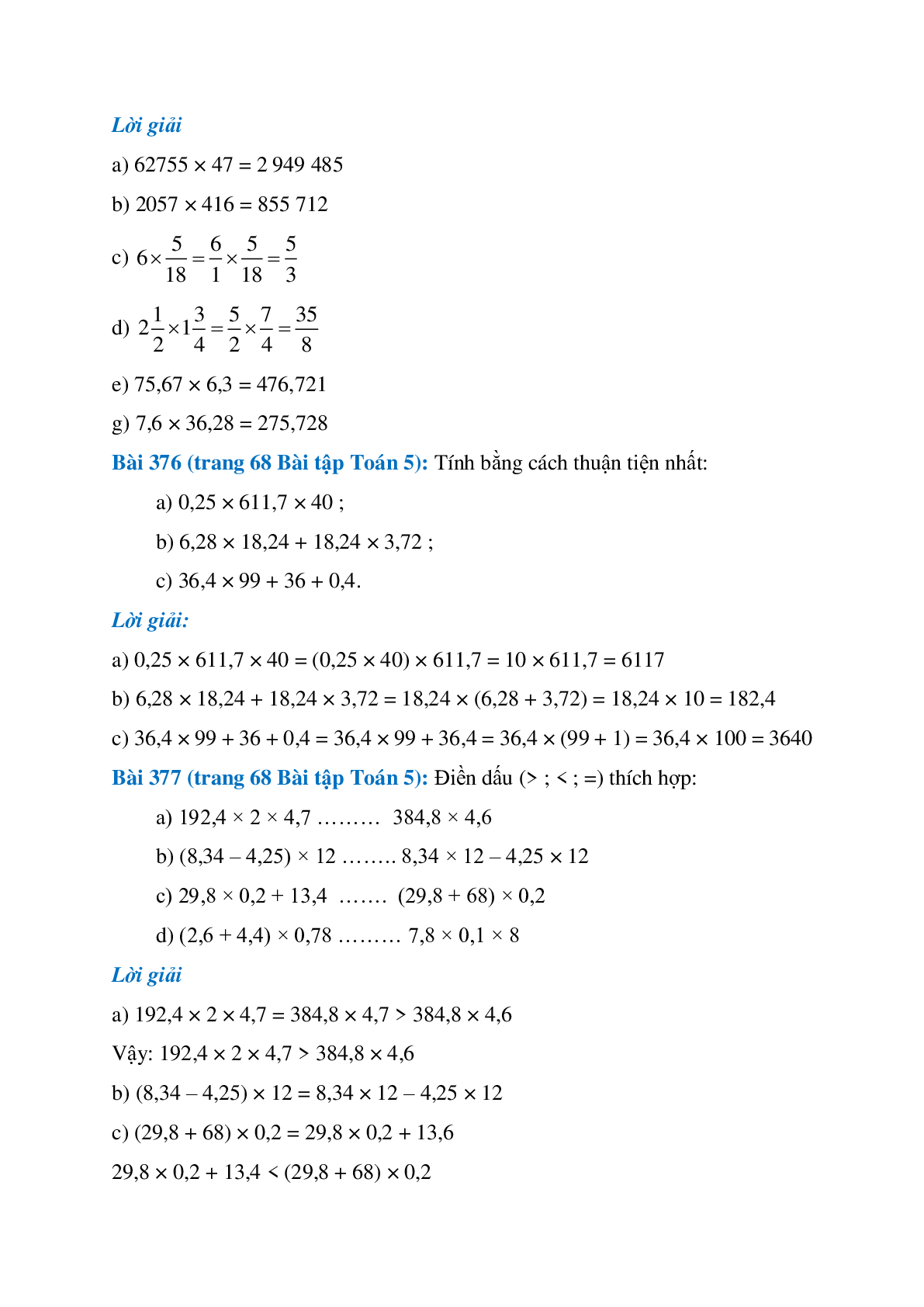 SBT Toán lớp 5 trang 65, 66, 67, 68, 69, 70 Ôn tập về các phép tính với số tự nhiên, phân số, số thập phân (trang 7)