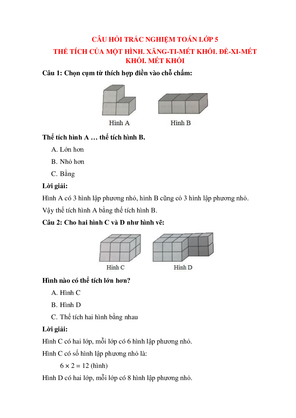14 câu Trắc nghiệm Thể tích của một hình. Xăng-ti-mét khối. Đề-xi-mét khối có đáp án 2023 – Toán lớp 5 (trang 1)
