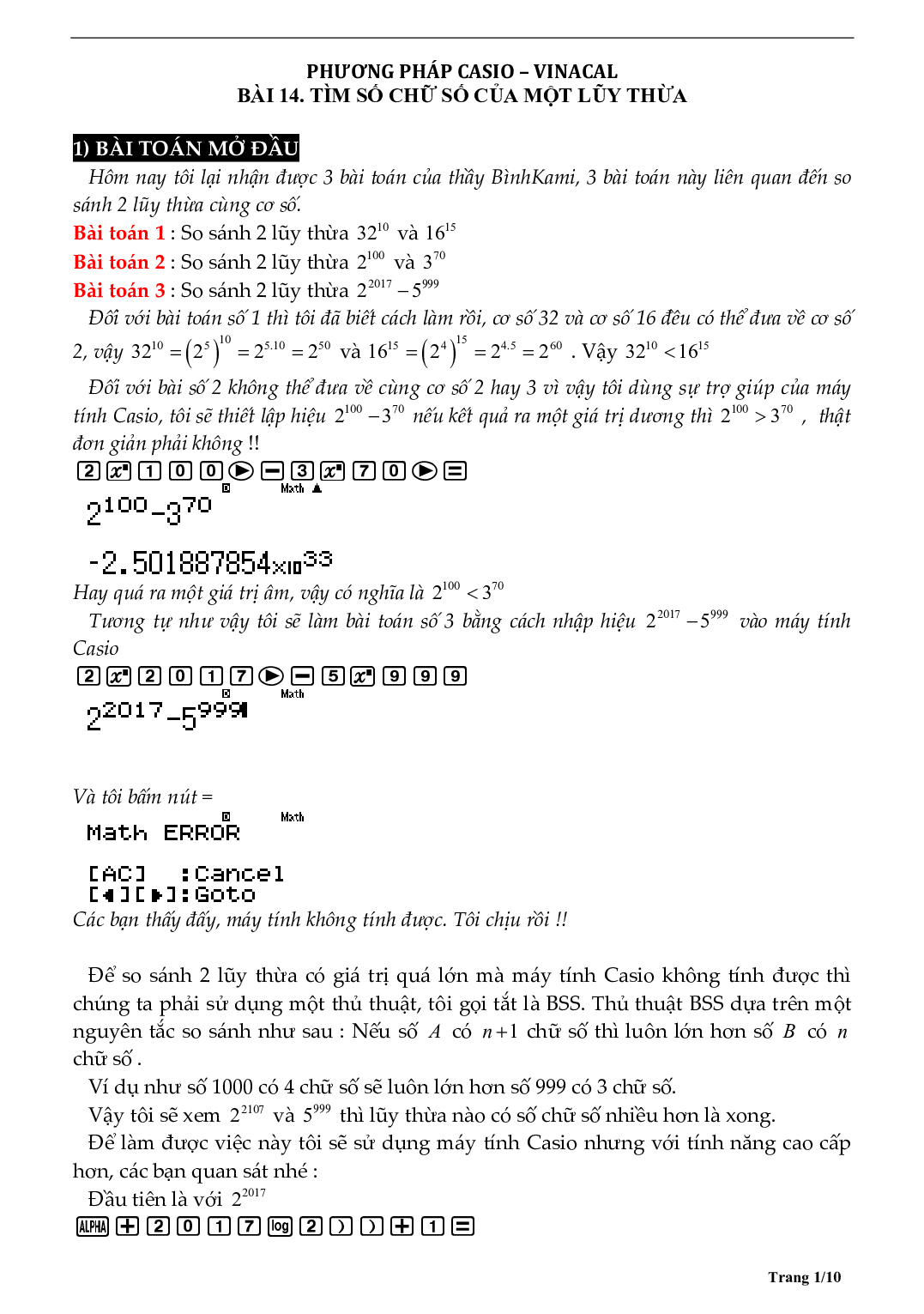 Tìm số chữ số của một lũy thừa bằng máy tính môn Toán lớp 12 (trang 1)