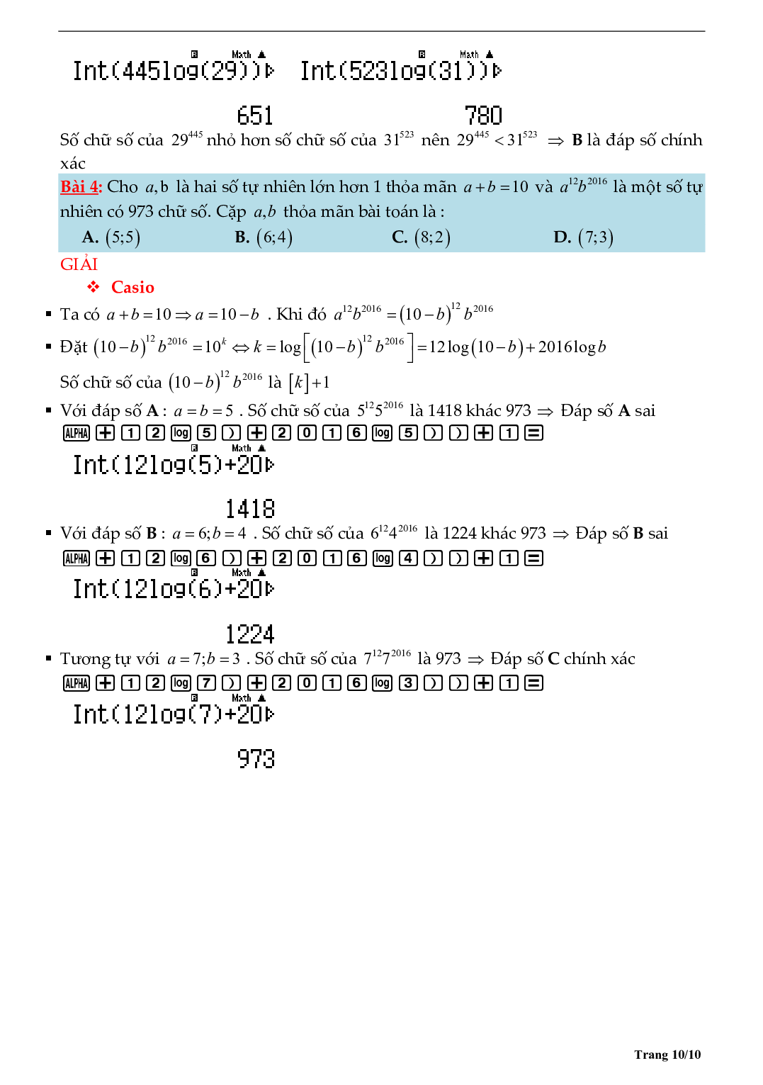 Tìm số chữ số của một lũy thừa bằng máy tính môn Toán lớp 12 (trang 10)