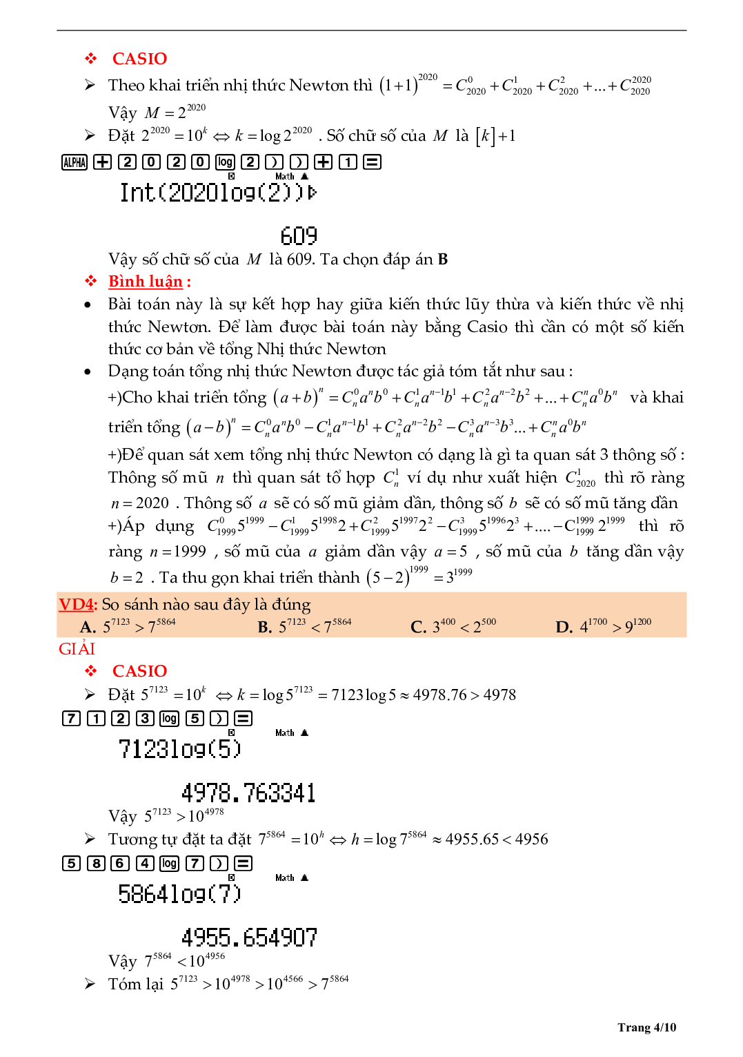 Tìm số chữ số của một lũy thừa bằng máy tính môn Toán lớp 12 (trang 4)