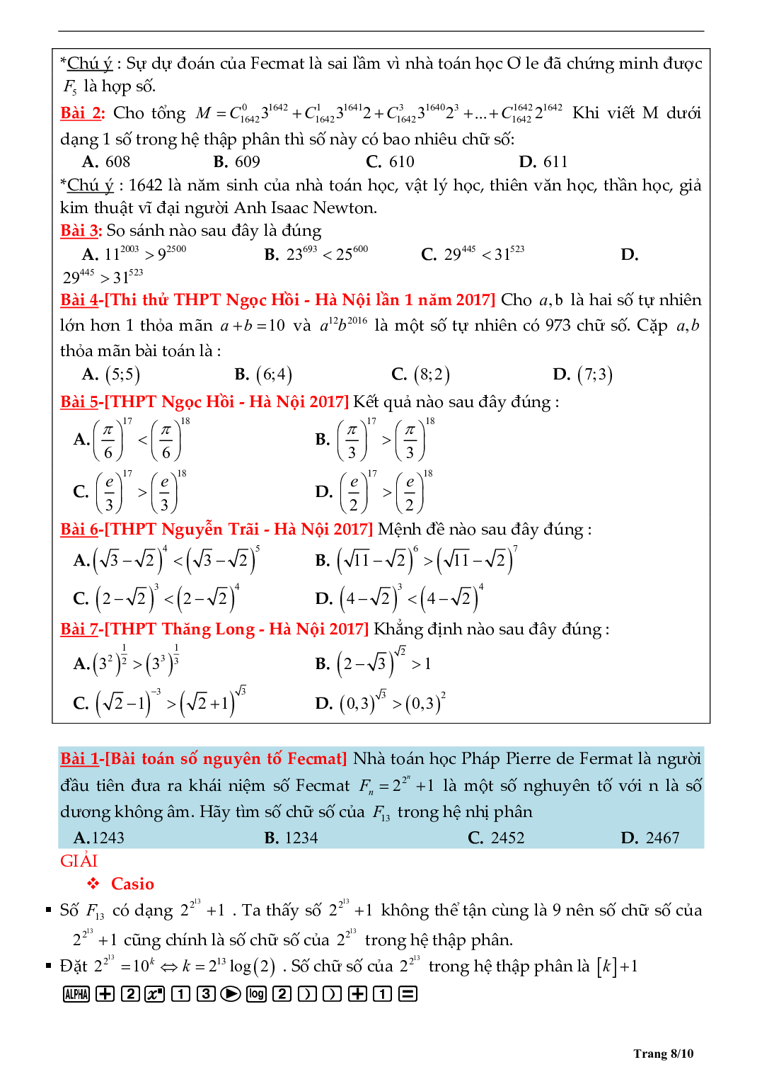 Tìm số chữ số của một lũy thừa bằng máy tính môn Toán lớp 12 (trang 8)