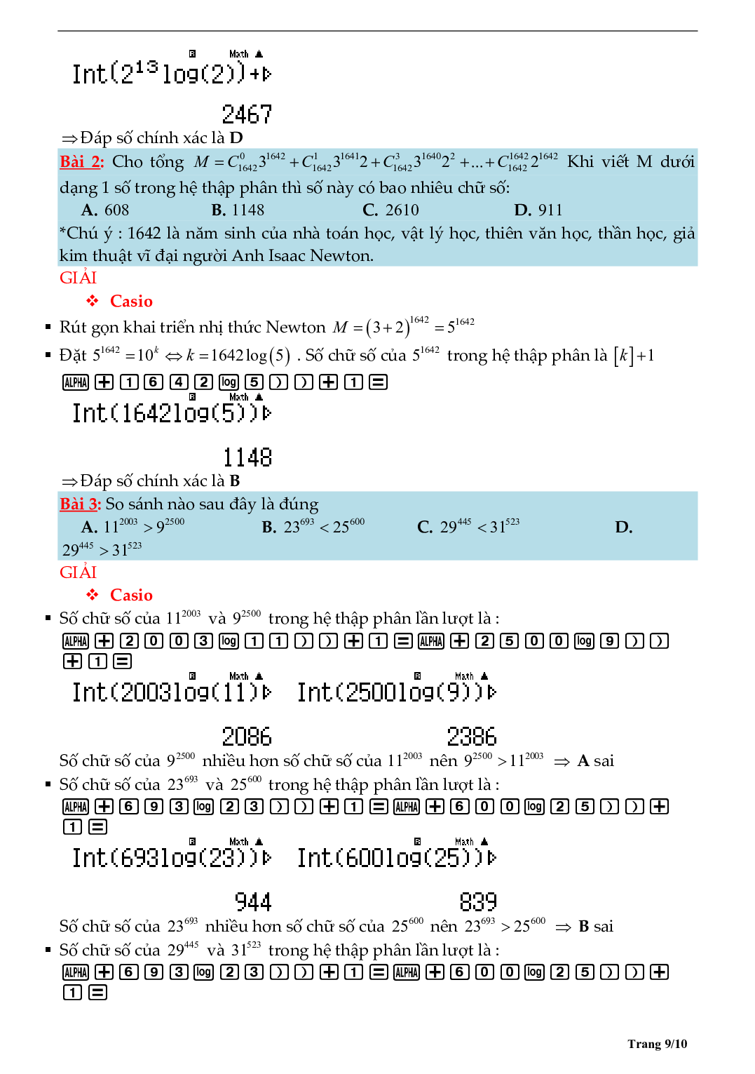 Tìm số chữ số của một lũy thừa bằng máy tính môn Toán lớp 12 (trang 9)