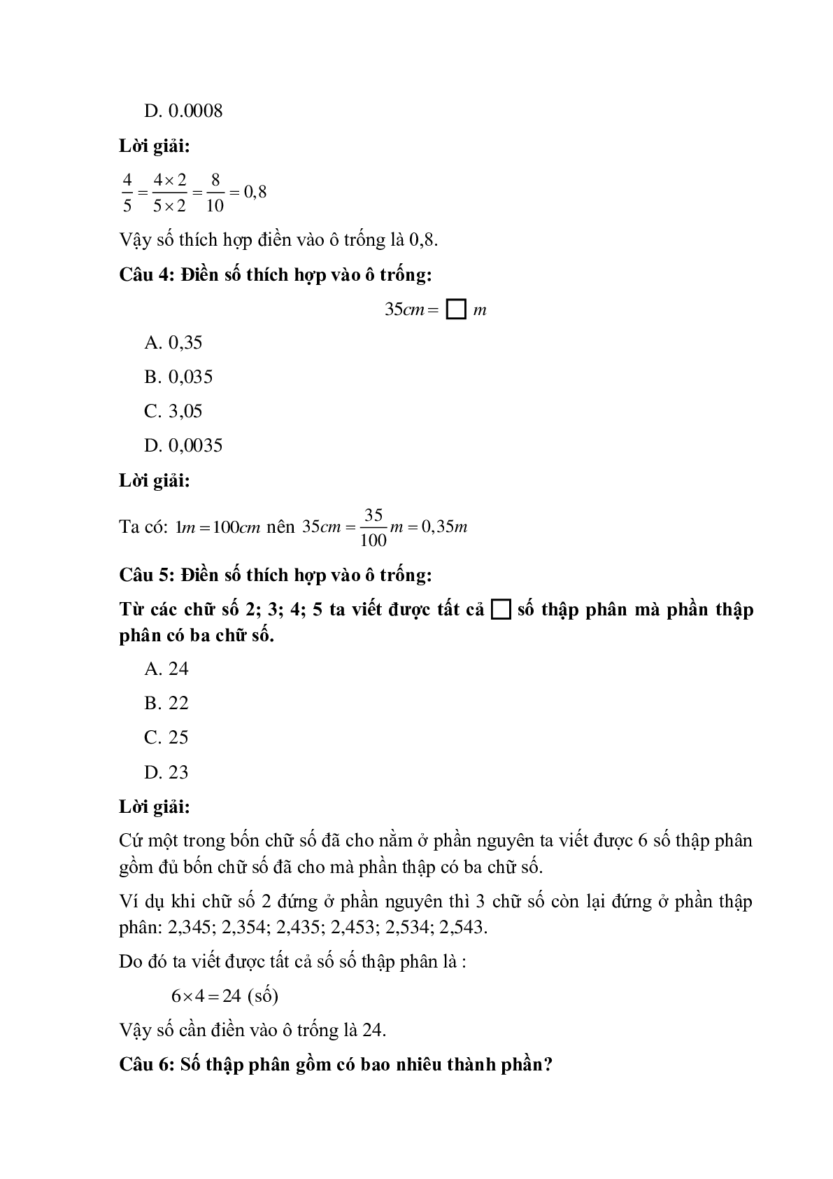 10 câu Trắc nghiệm Khái niệm số thập phân có đáp án 2023 – Toán lớp 5 (trang 2)