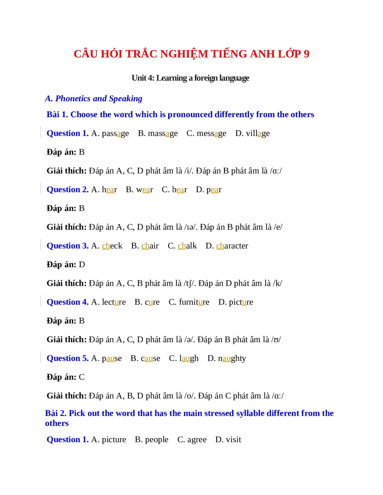 60 câu Trắc nghiệm Tiếng Anh 9 Unit 4 có đáp án 2023: Learning a foreign language (trang 1)