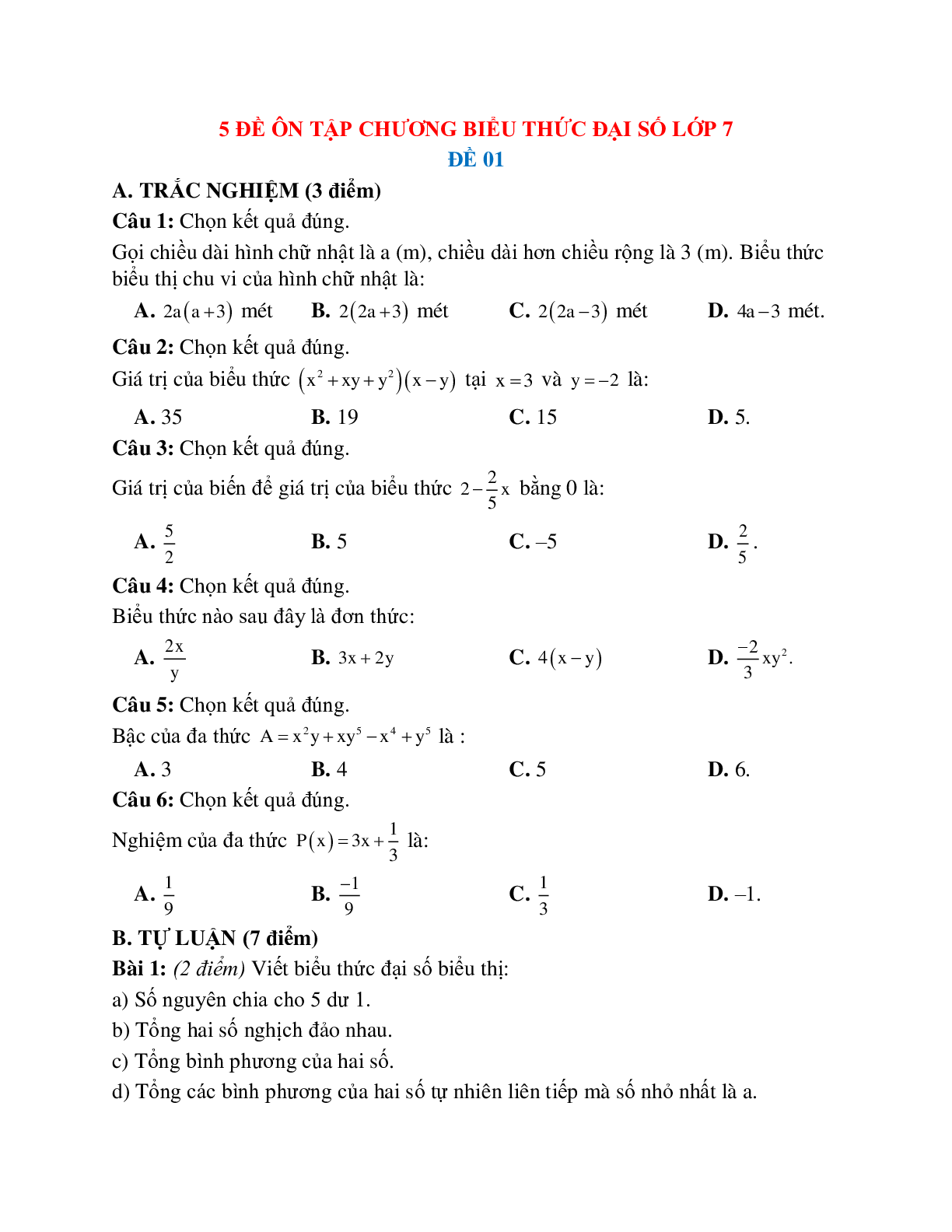 5 Đề ôn tập biểu thức đại số lớp 7 (trang 1)