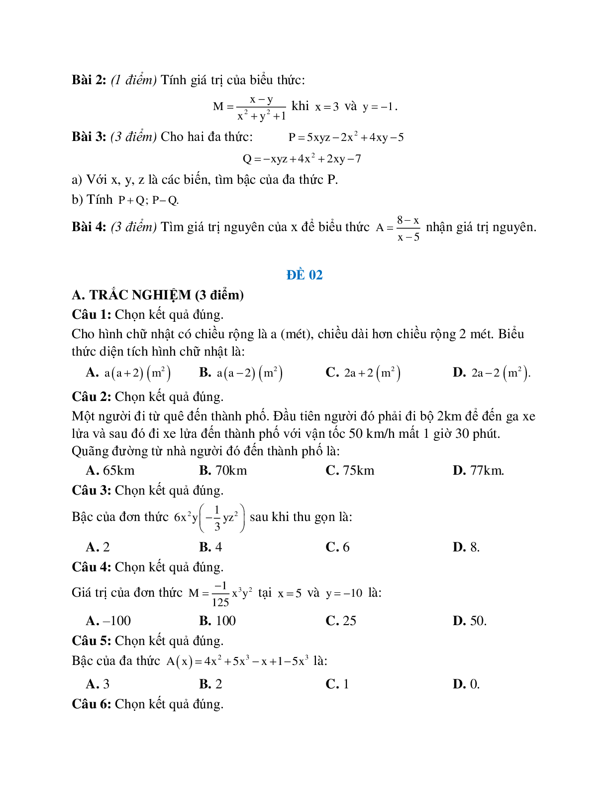 5 Đề ôn tập biểu thức đại số lớp 7 (trang 2)