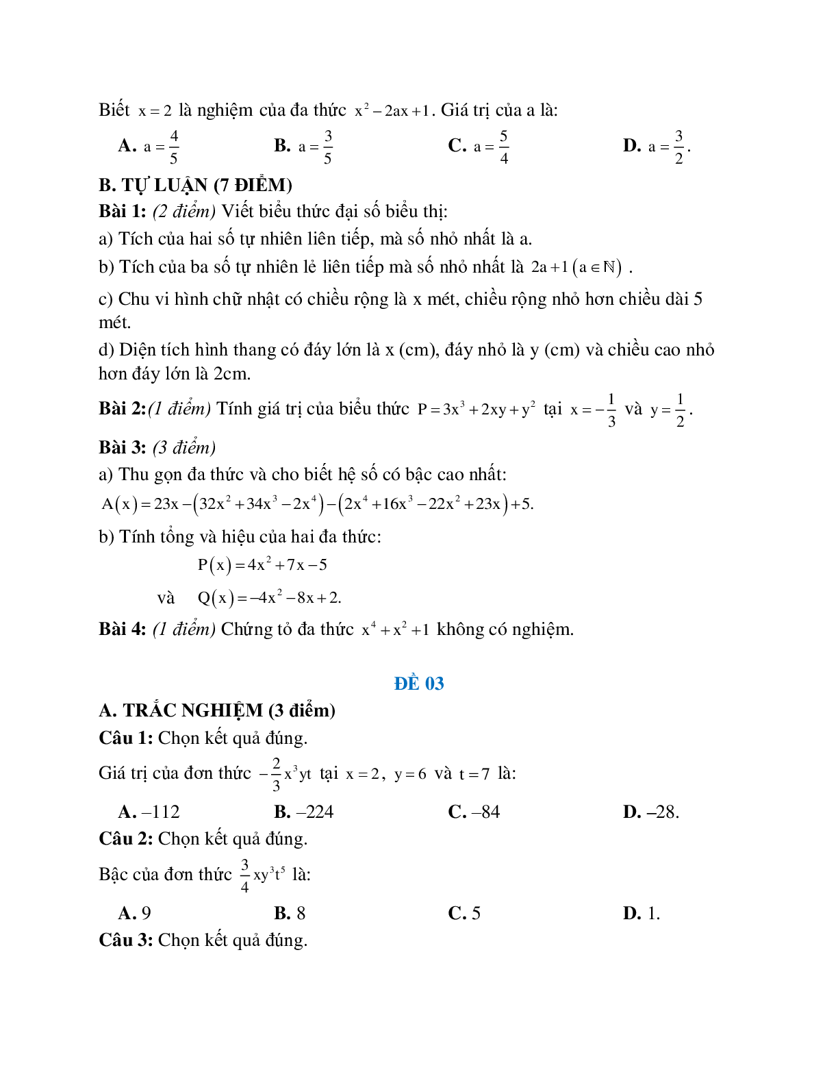 5 Đề ôn tập biểu thức đại số lớp 7 (trang 3)
