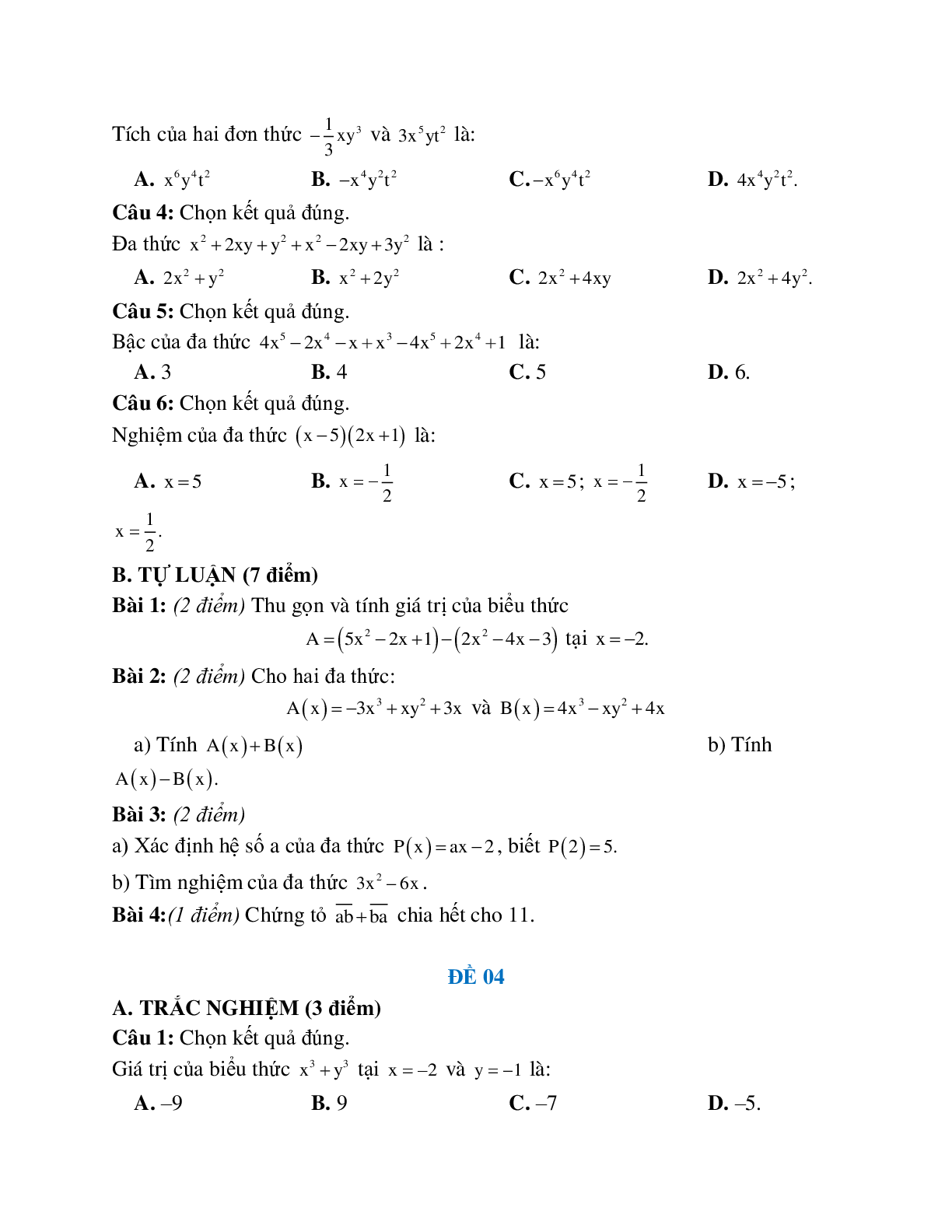 5 Đề ôn tập biểu thức đại số lớp 7 (trang 4)