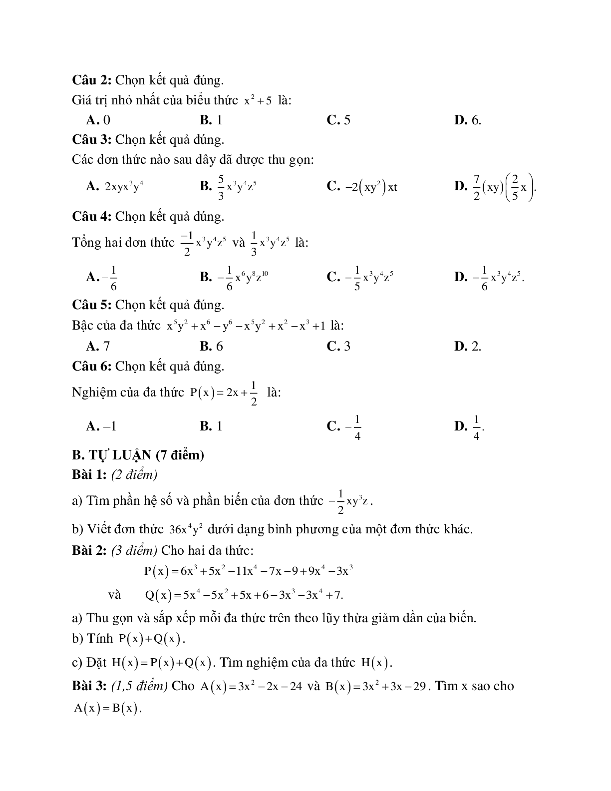 5 Đề ôn tập biểu thức đại số lớp 7 (trang 5)