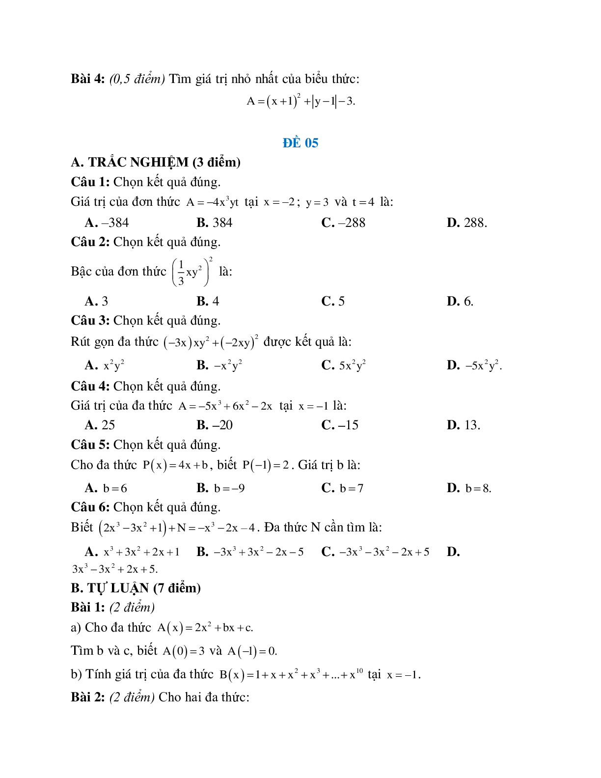 5 Đề ôn tập biểu thức đại số lớp 7 (trang 6)