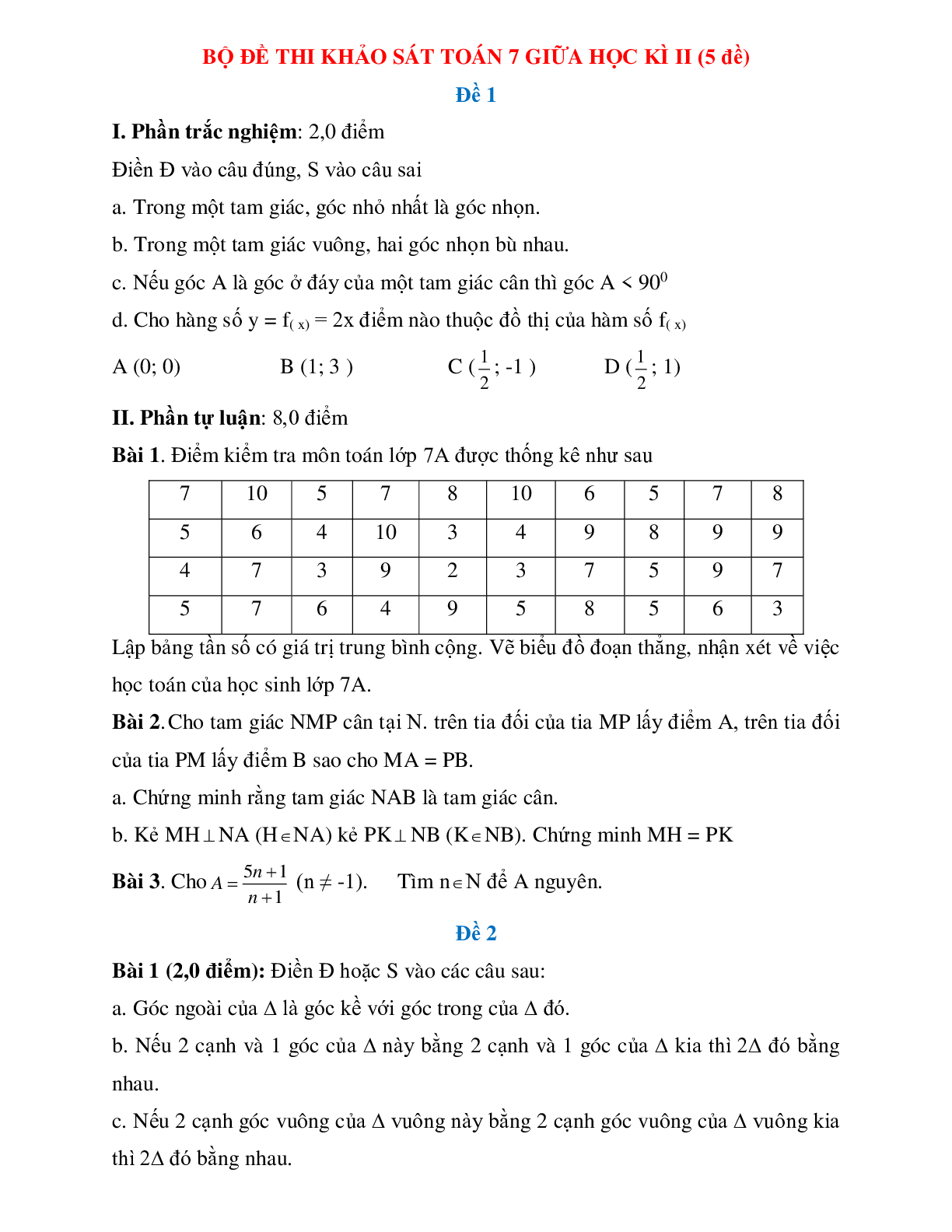 Bộ đề thi khảo sát toán 7 giữa học kì 2 (5 đề) (trang 1)