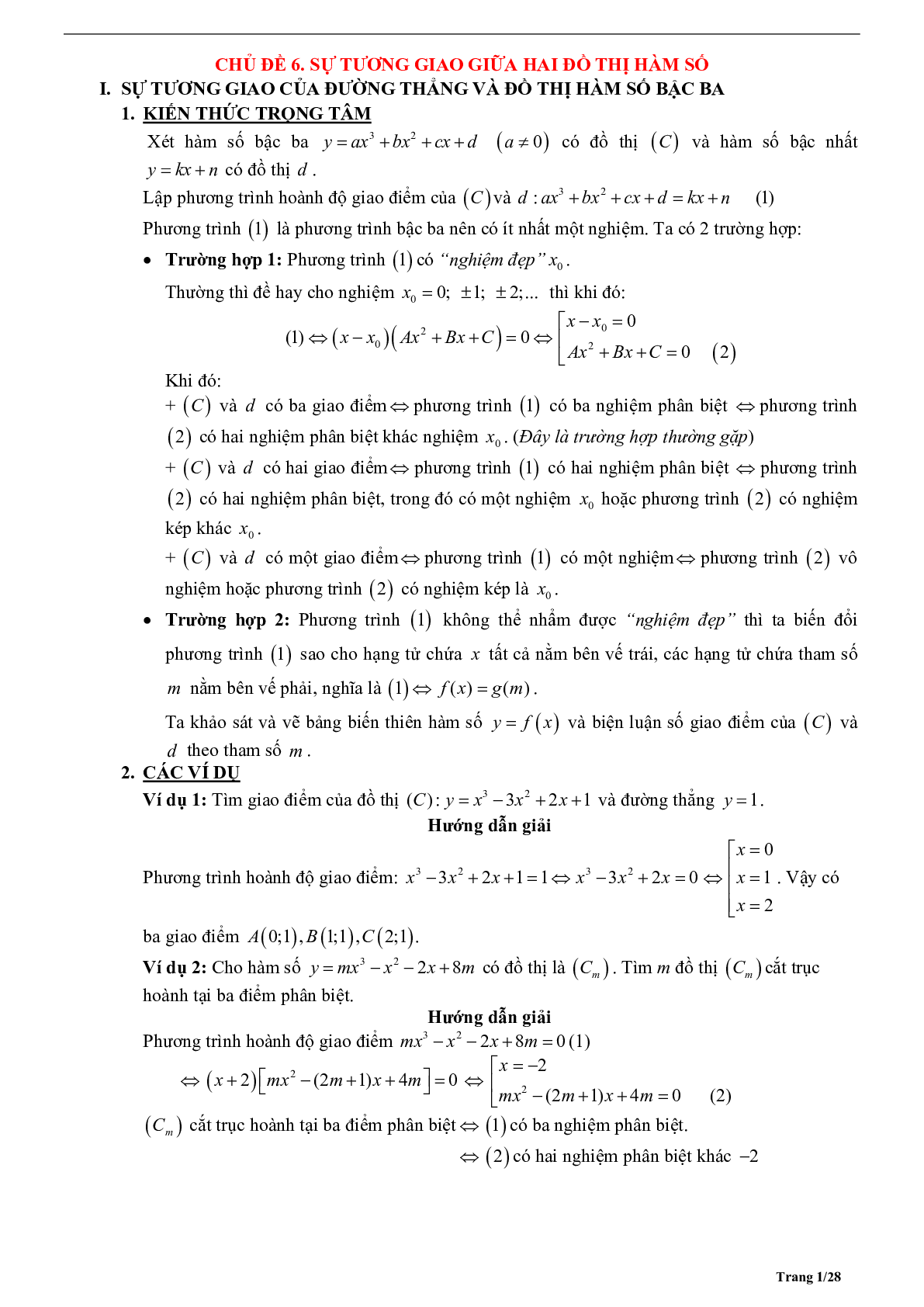 Tóm tắt lý thuyết và bài tập trắc nghiệm về tương giao giữa hai đồ thị hàm số (trang 1)