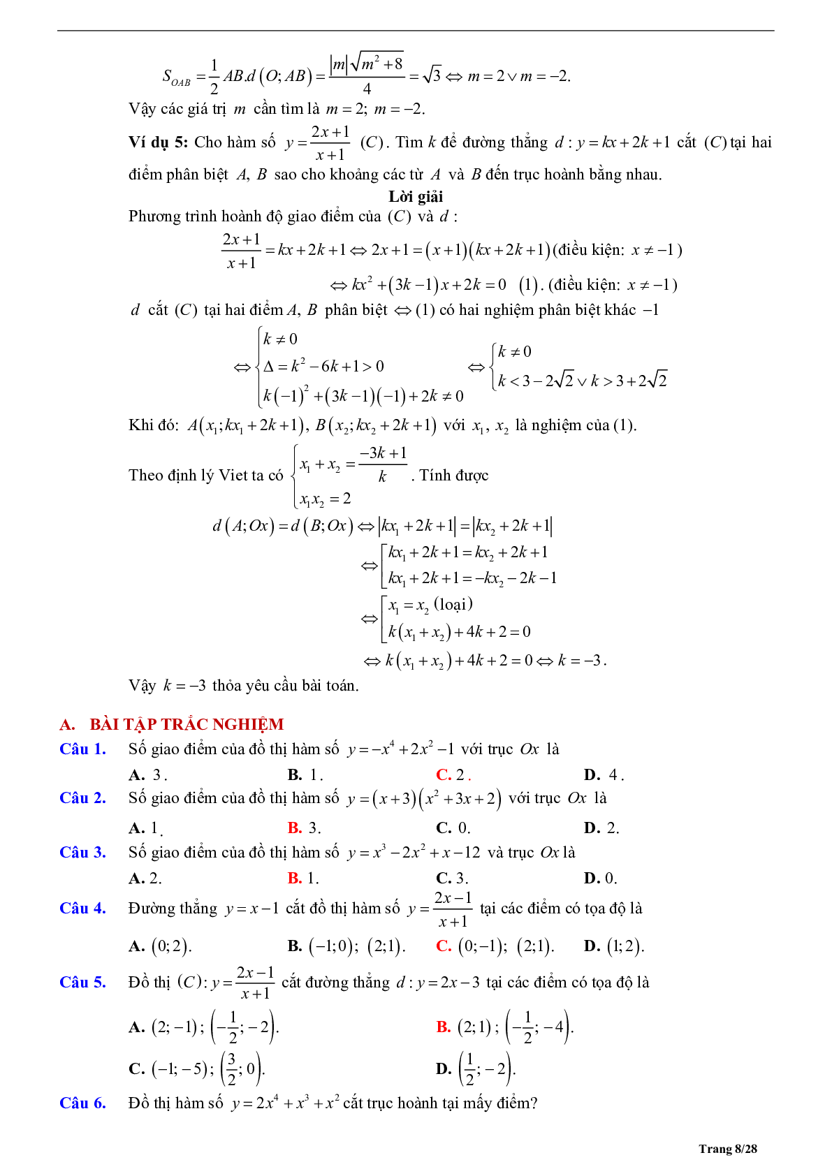Tóm tắt lý thuyết và bài tập trắc nghiệm về tương giao giữa hai đồ thị hàm số (trang 8)