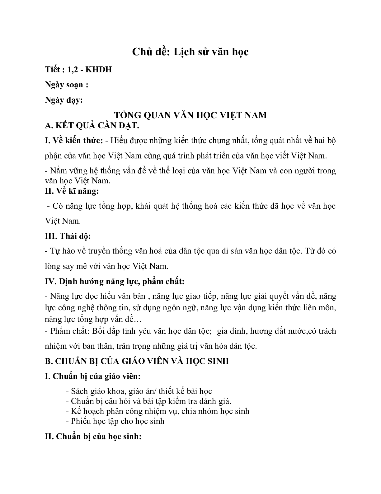 Giáo án ngữ văn lớp 10 Tiết 1, 2: Tổng quan văn học Việt Nam (trang 1)