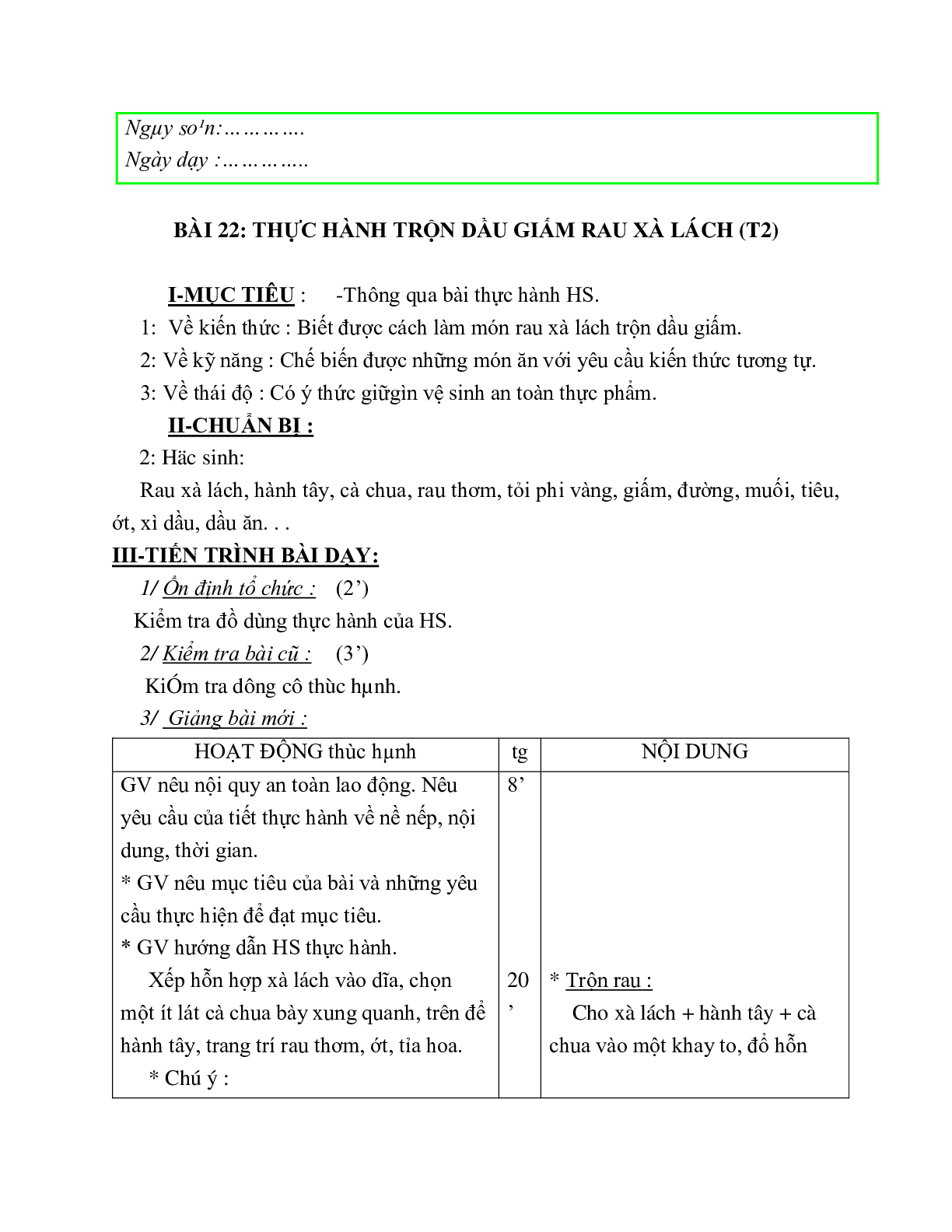 GIÁO ÁN CÔNG NGHỆ 6 BÀI 22: THỰC HÀNH TRỘN DẦU GIẤM RAU XÀ LÁCH (T1) MỚI NHẤT – CV5555 (trang 3)