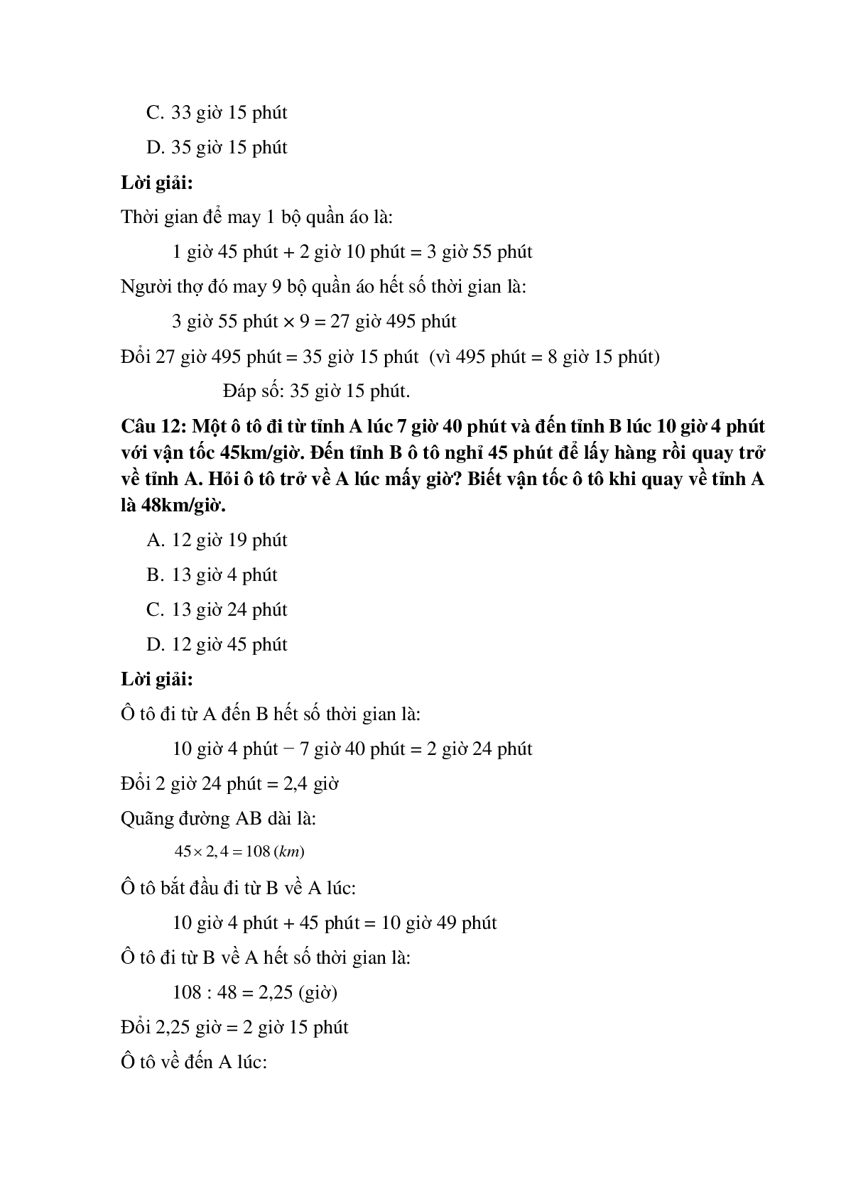 12 câu Trắc nghiệm Ôn tập về các phép tính số đo thời gian có đáp án 2023 – Toán lớp 5 (trang 5)